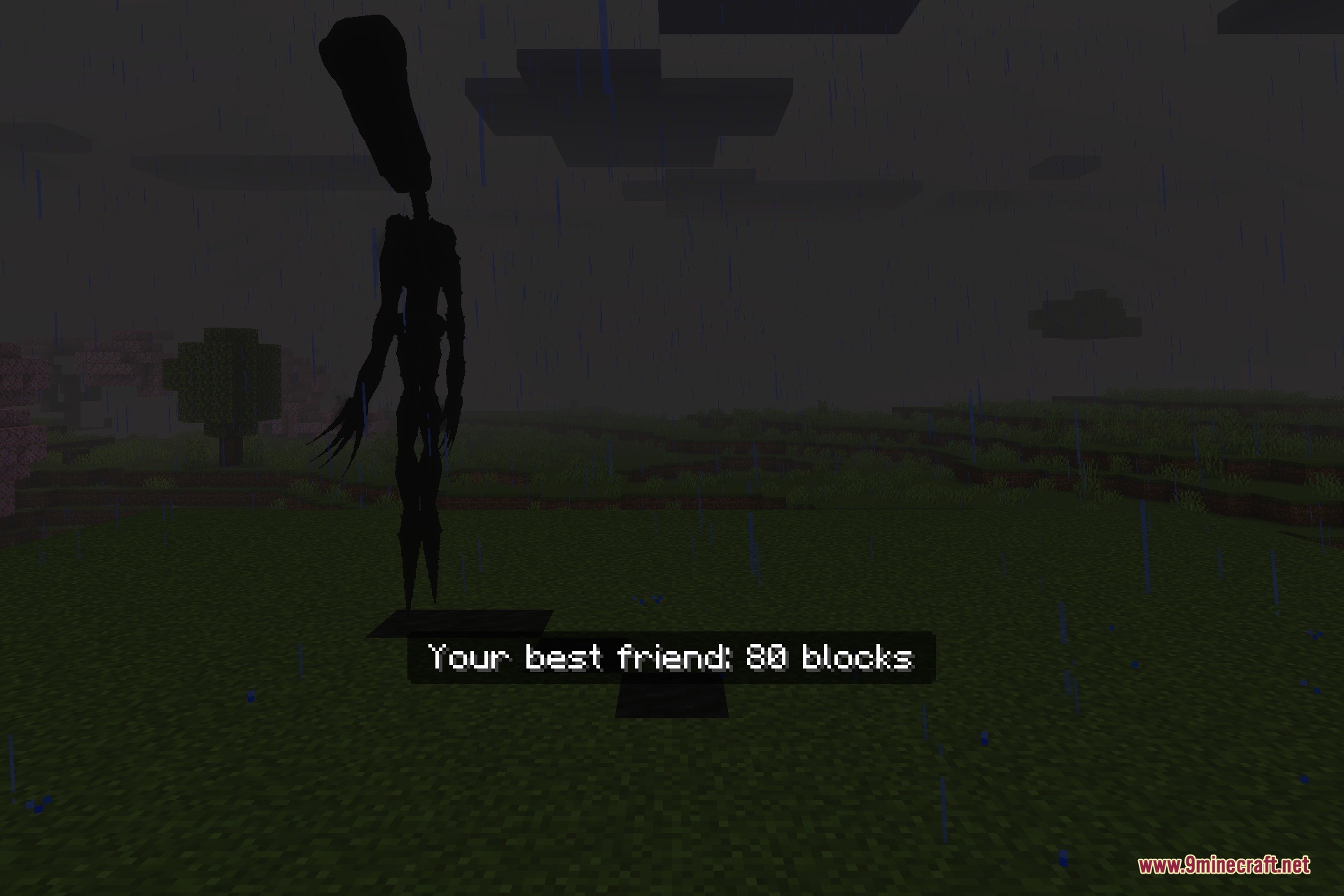 The Shadow in Nightmare Addon Screenshot 3 A tall dark entity standing in the rain with a distance text overlay