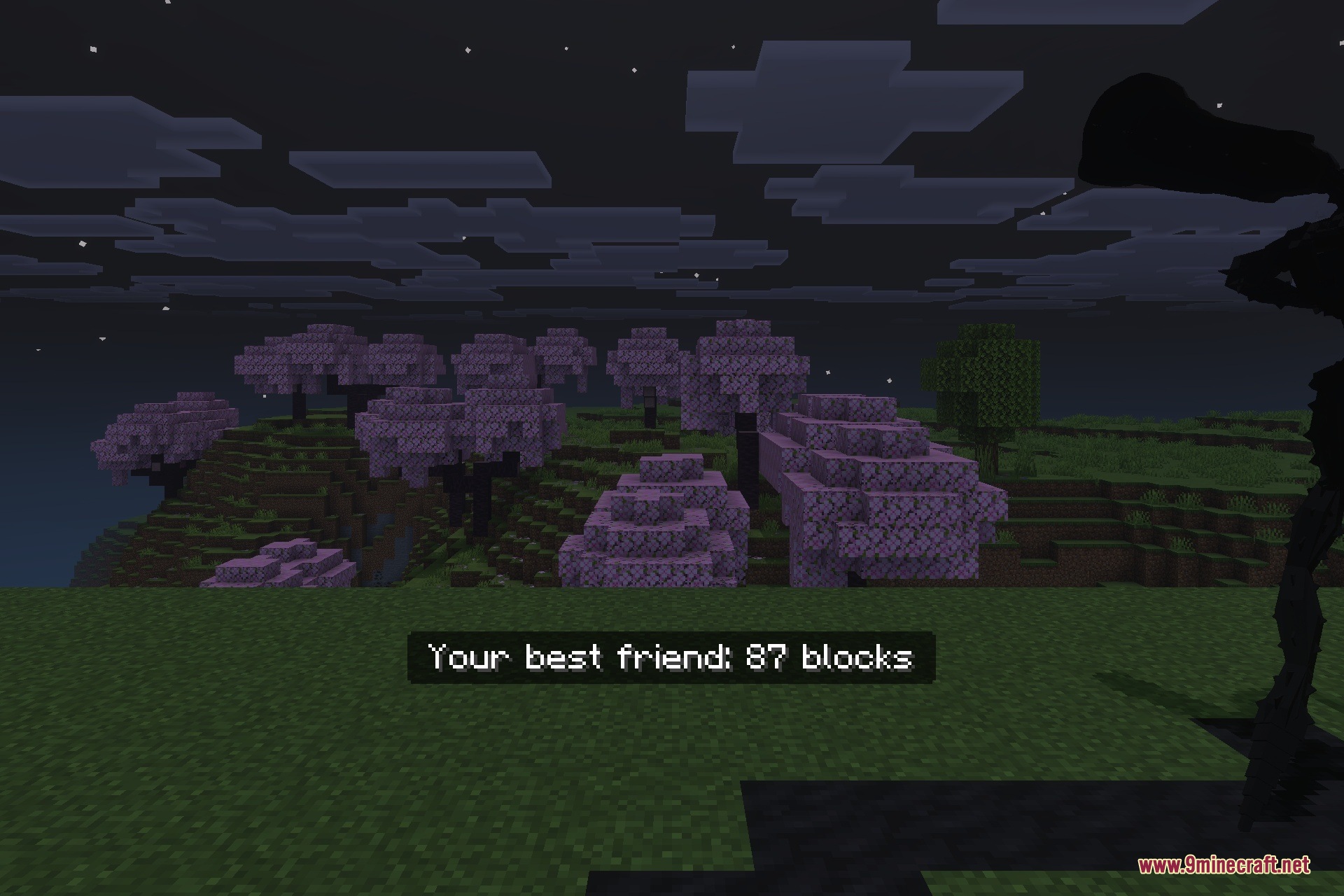 The Shadow in Nightmare Addon Screenshot 5 A dark entity stalks the player from a distance near a cherry grove