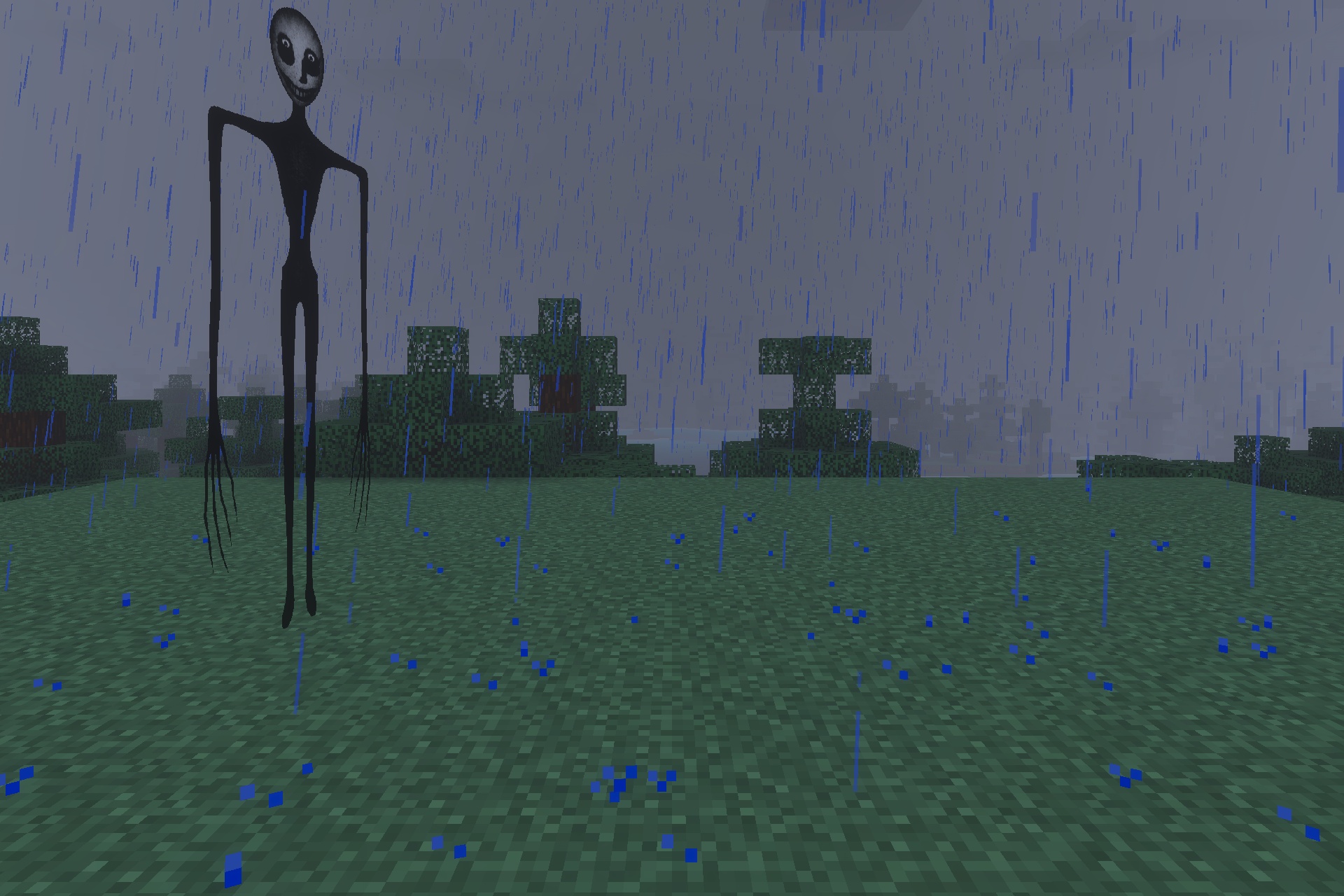 The Twixxel's Stalkers MCBE {with Advanced AI} Addon Screenshot 1 A tall creepy humanoid stalker with long limbs stands in the pouring rain