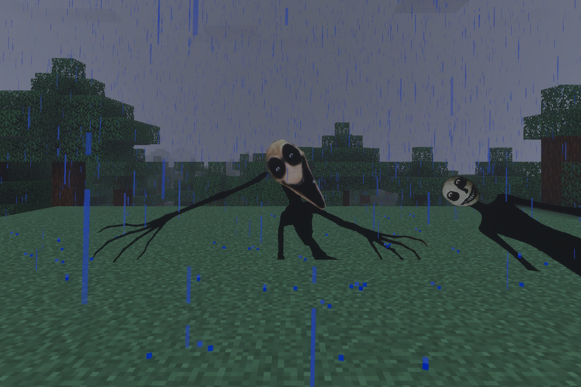 The Twixxel's Stalkers MCBE {with Advanced AI} Addon Screenshot 2 Two eerie dark entities with distorted faces crawling through a rainy Minecraft field