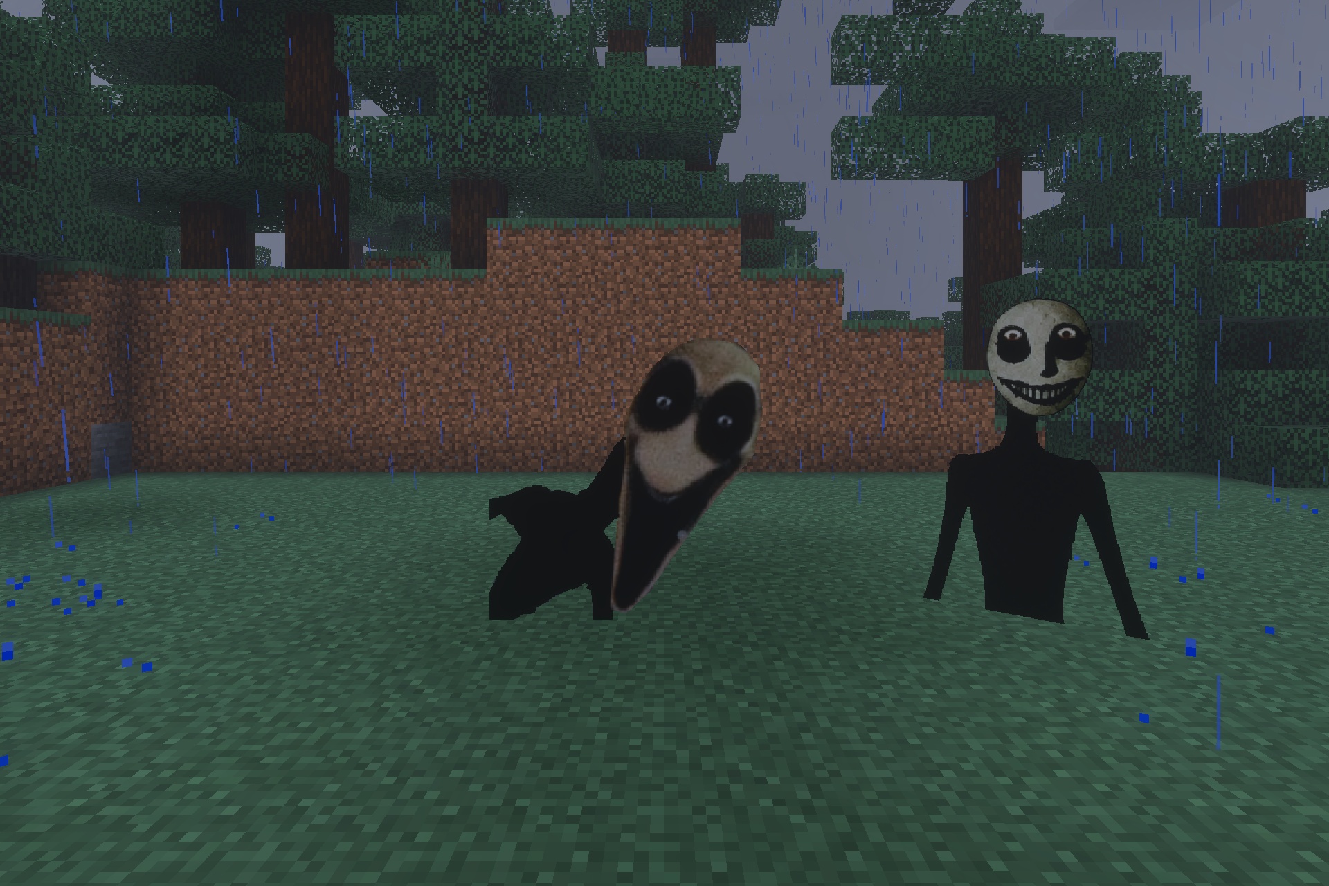The Twixxel's Stalkers MCBE {with Advanced AI} Addon Screenshot 3 Two eerie humanoid stalkers with distorted faces standing in a rainy forest
