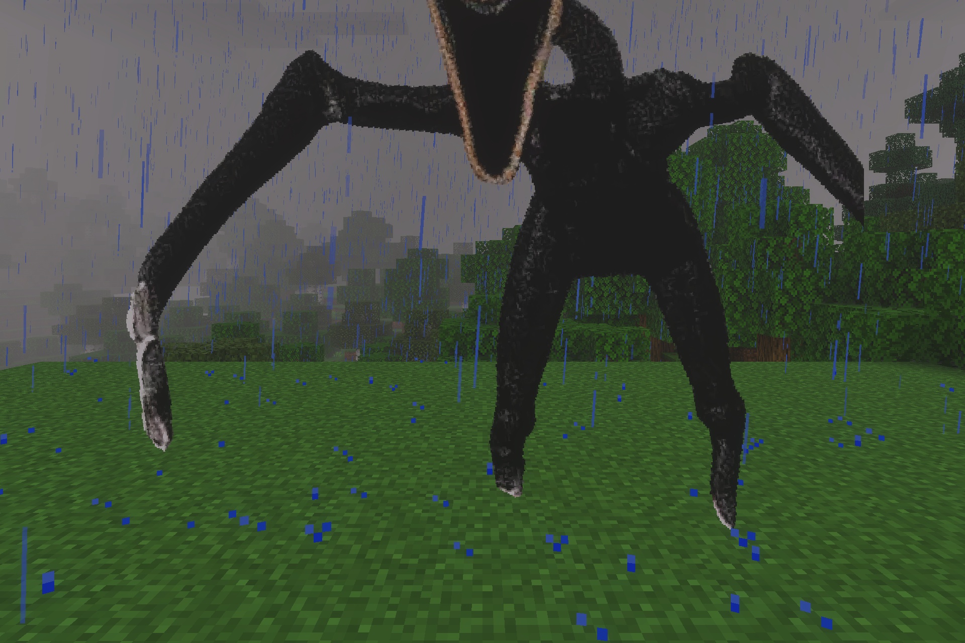 The Twixxel's Stalkers MCBE {with Advanced AI} Addon Screenshot 5 A tall black stalker entity with a gaping mouth standing in the rain