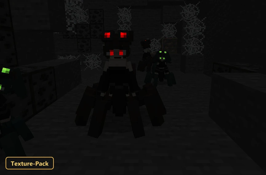 dark cave with multiple spiders with glowing eyes