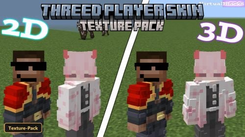 four player skins on a grassy plain, showing 2D and 3D models