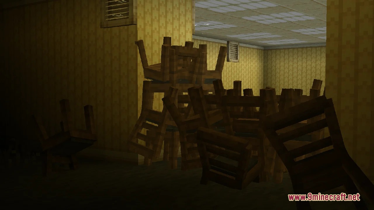 Threshold Drift Mod Screenshot 3 Stacks of wooden chairs clutter a dark yellow room in the Minecraft Backrooms