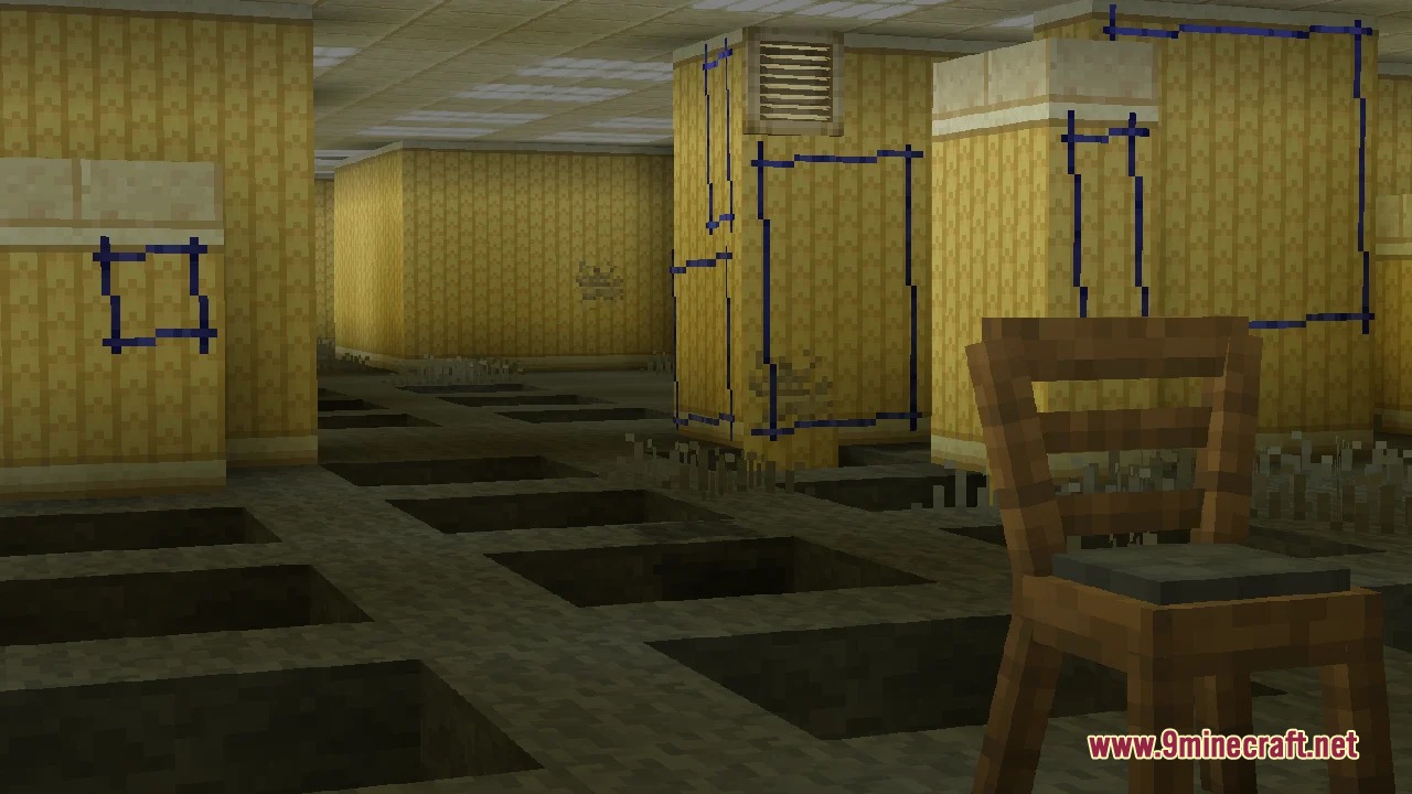 Threshold Drift Mod Screenshot 5 Yellow corridors with blue outlines and a wooden chair near floor holes