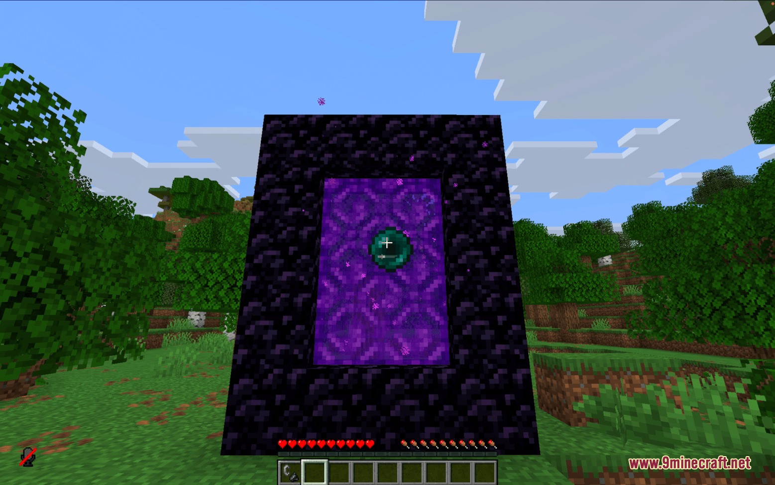 Threshold Protocol Mod Screenshot 3 A player looks at a Nether portal with an Eye of Ender