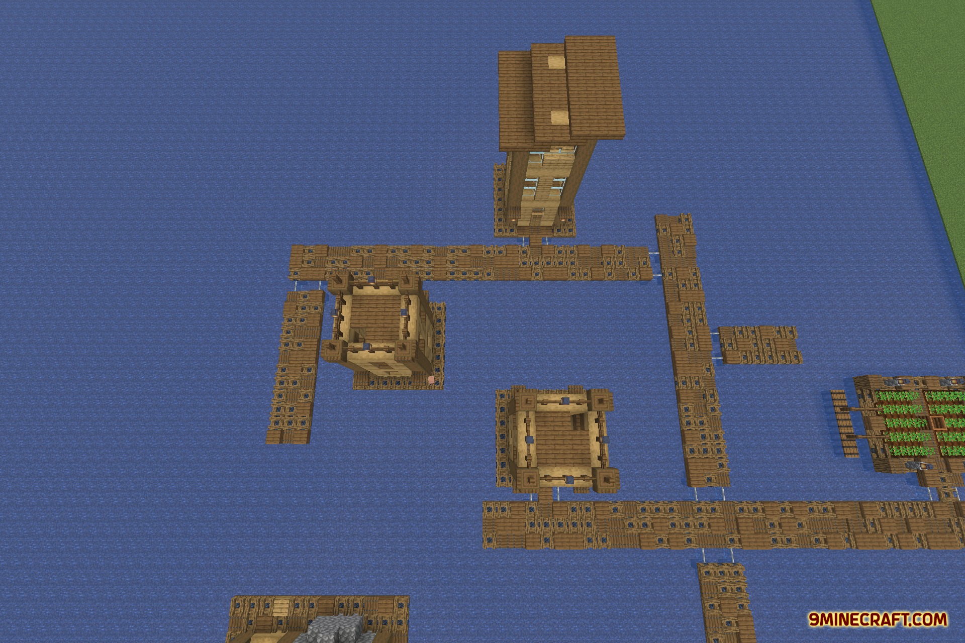 Tidal Towns 9minecraft Data Pack Screenshot 1 Aerial view of a floating village with wooden walkways and tall watchtowers