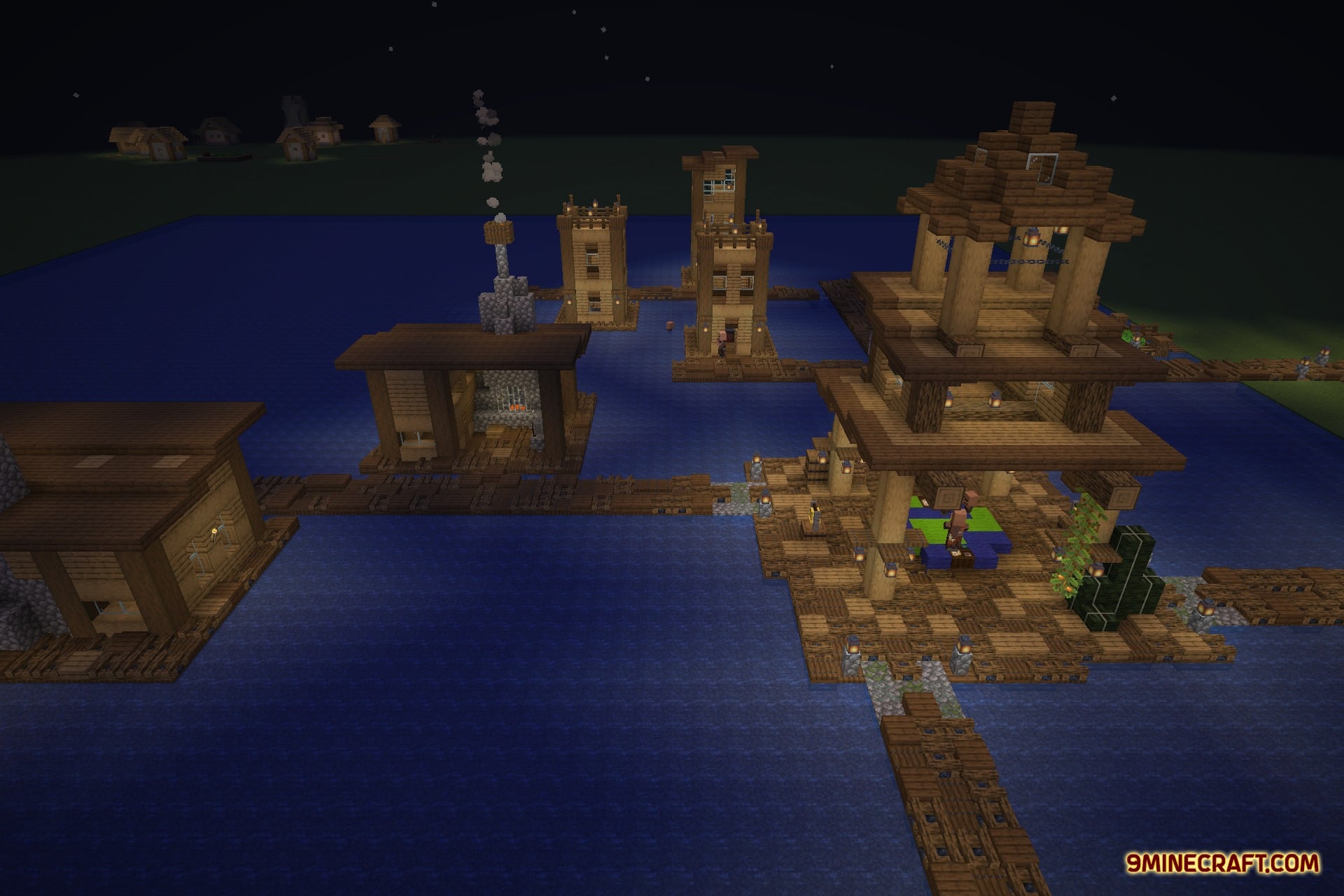 Tidal Towns 9minecraft Data Pack Screenshot 2 A floating village at night with lanterns lighting up the wooden structures