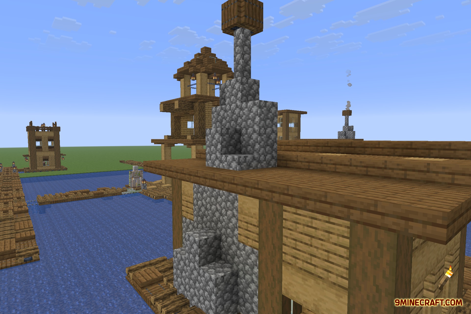 Tidal Towns 9minecraft Data Pack Screenshot 3 Cobblestone chimney on a wooden house in a Tidal Towns ocean village
