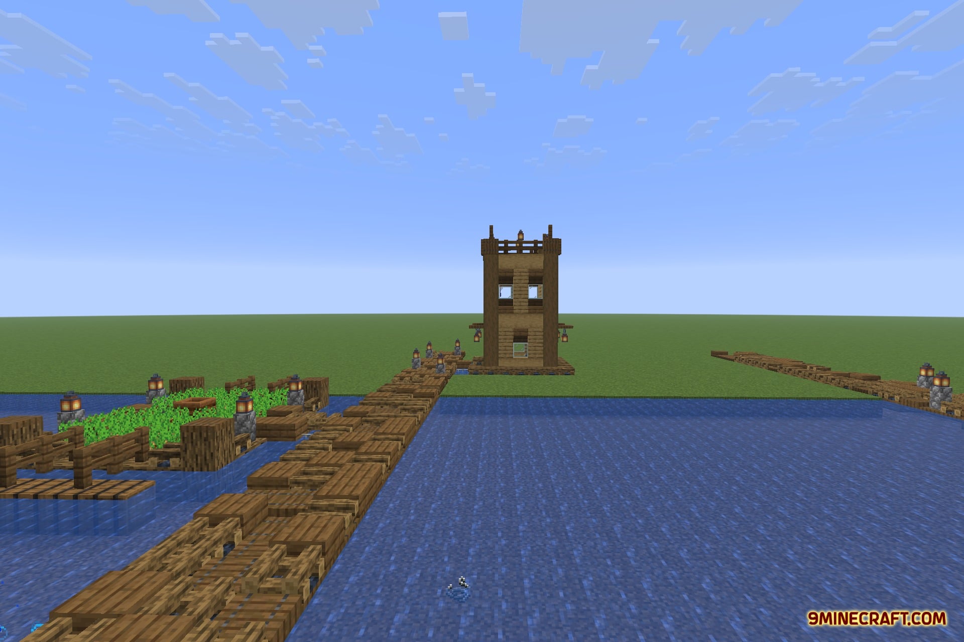 Tidal Towns 9minecraft Data Pack Screenshot 4 Wooden walkways and floating farms lead to a watchtower over the ocean