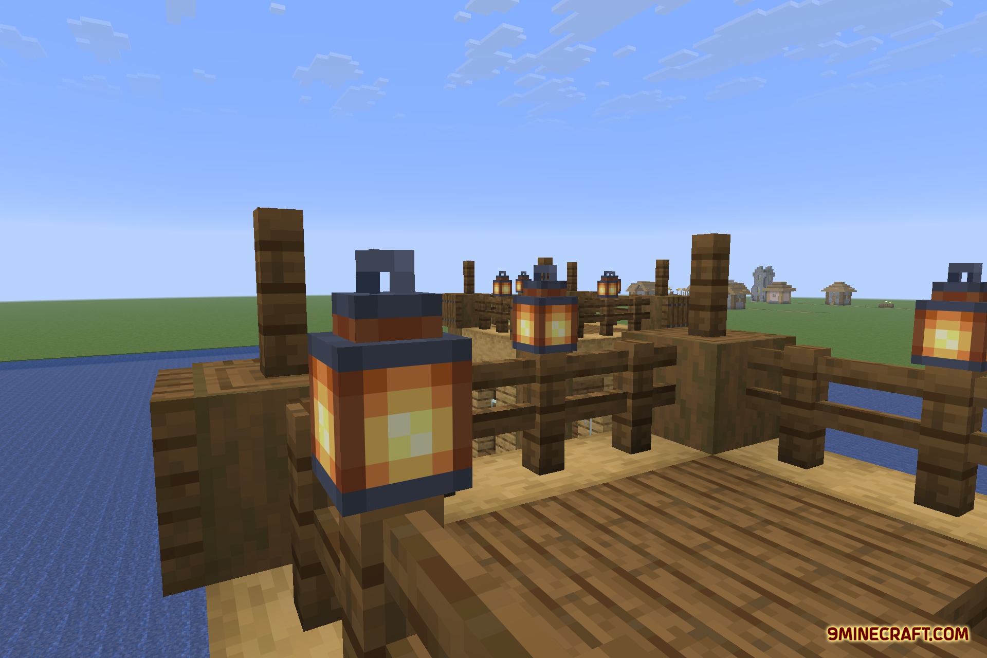 Tidal Towns 9minecraft Data Pack Screenshot 5 Lanterns on wooden fence posts along a boardwalk in a floating village
