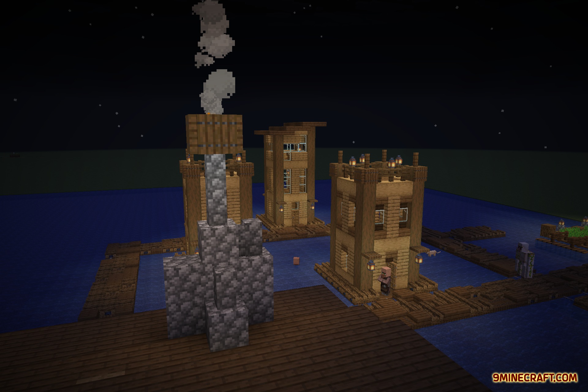 Tidal Towns 9minecraft Data Pack Screenshot 6 Floating wooden houses and walkways at night with a stone chimney structure