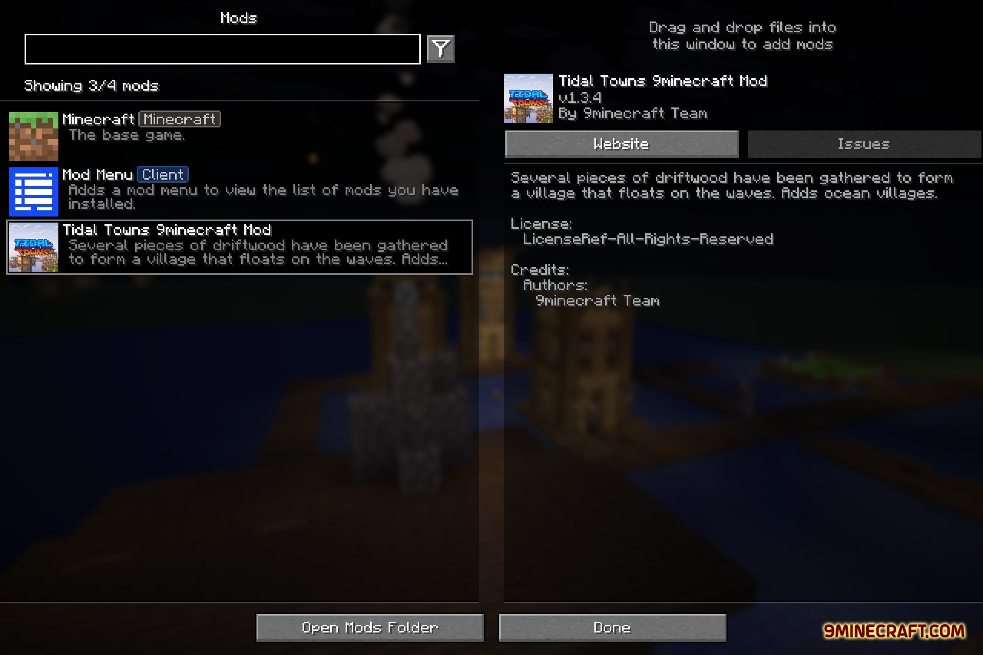 Tidal Towns 9minecraft Mod Screenshot 1 A mod menu screen showing the Tidal Towns mod description and details