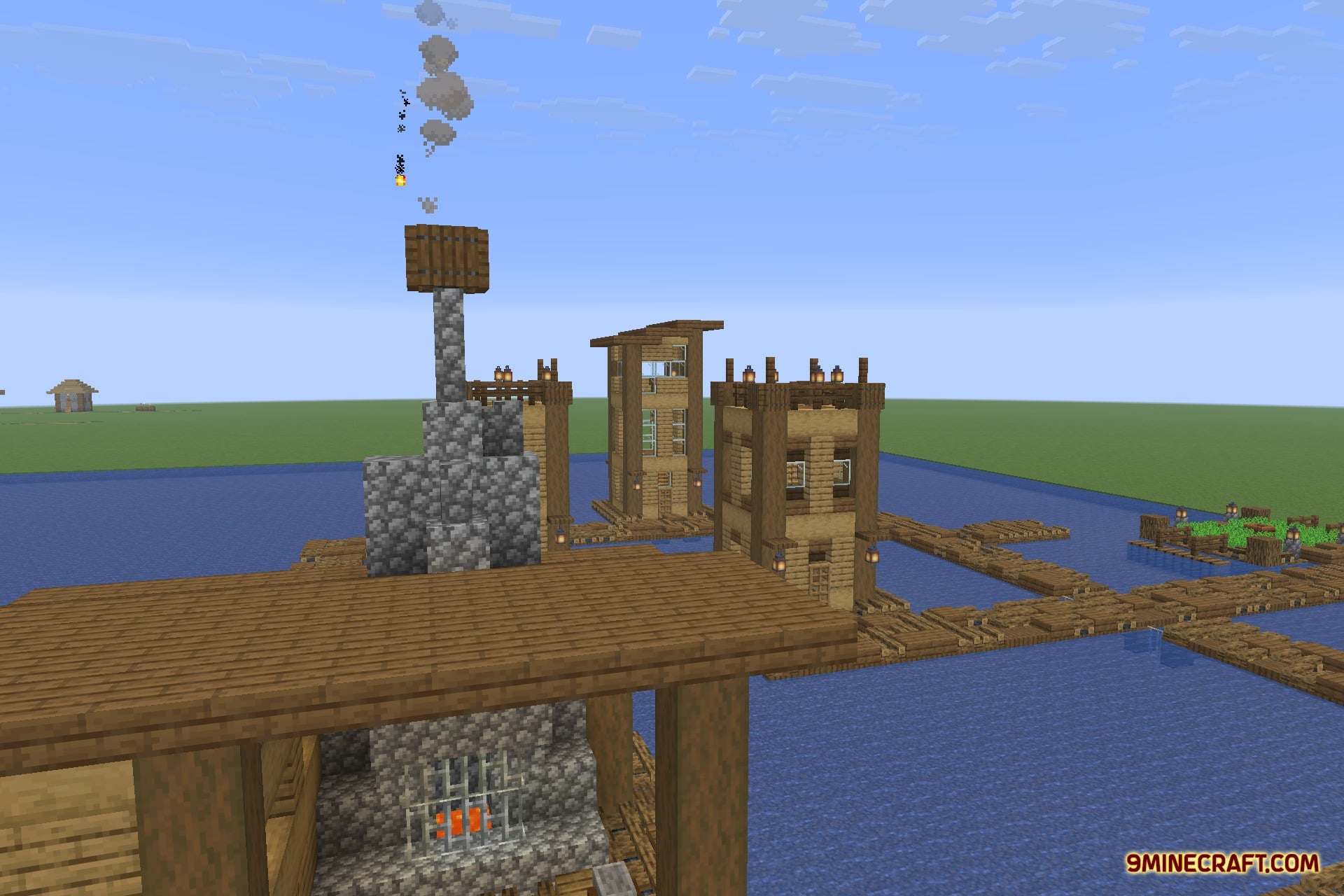 Tidal Towns 9minecraft Mod Screenshot 3 A floating village from Tidal Towns with wooden houses and ocean walkways