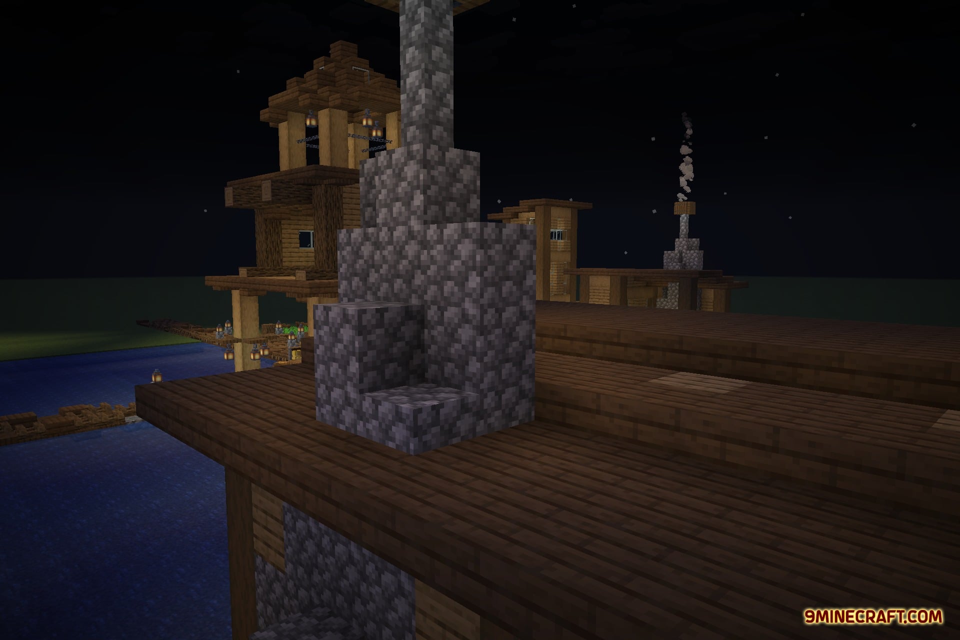Tidal Towns 9minecraft Mod Screenshot 4 Cobblestone chimney on a wooden roof overlooking the ocean during the night