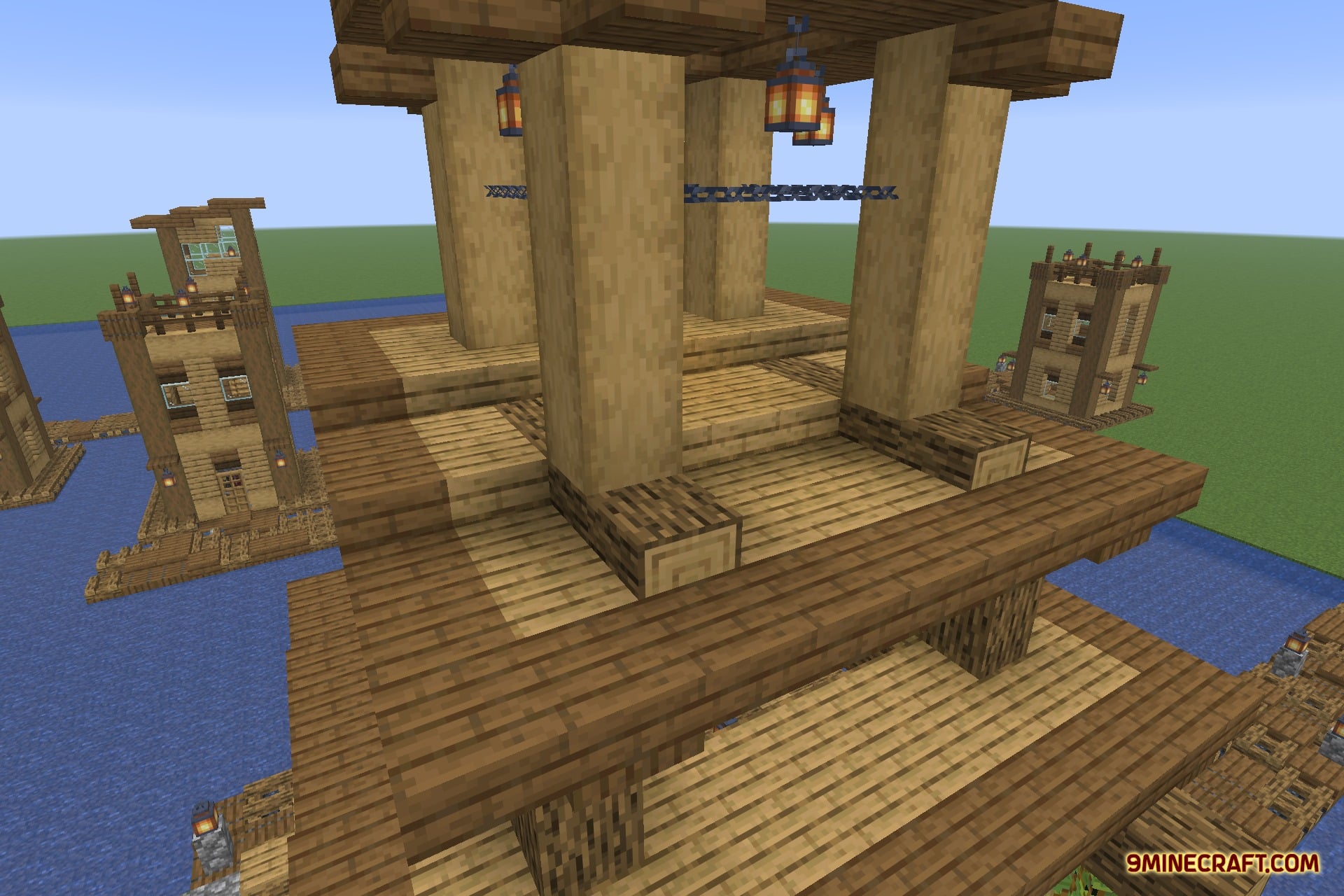 Tidal Towns 9minecraft Mod Screenshot 5 Stripped logs and lanterns on a wooden structure in a floating village