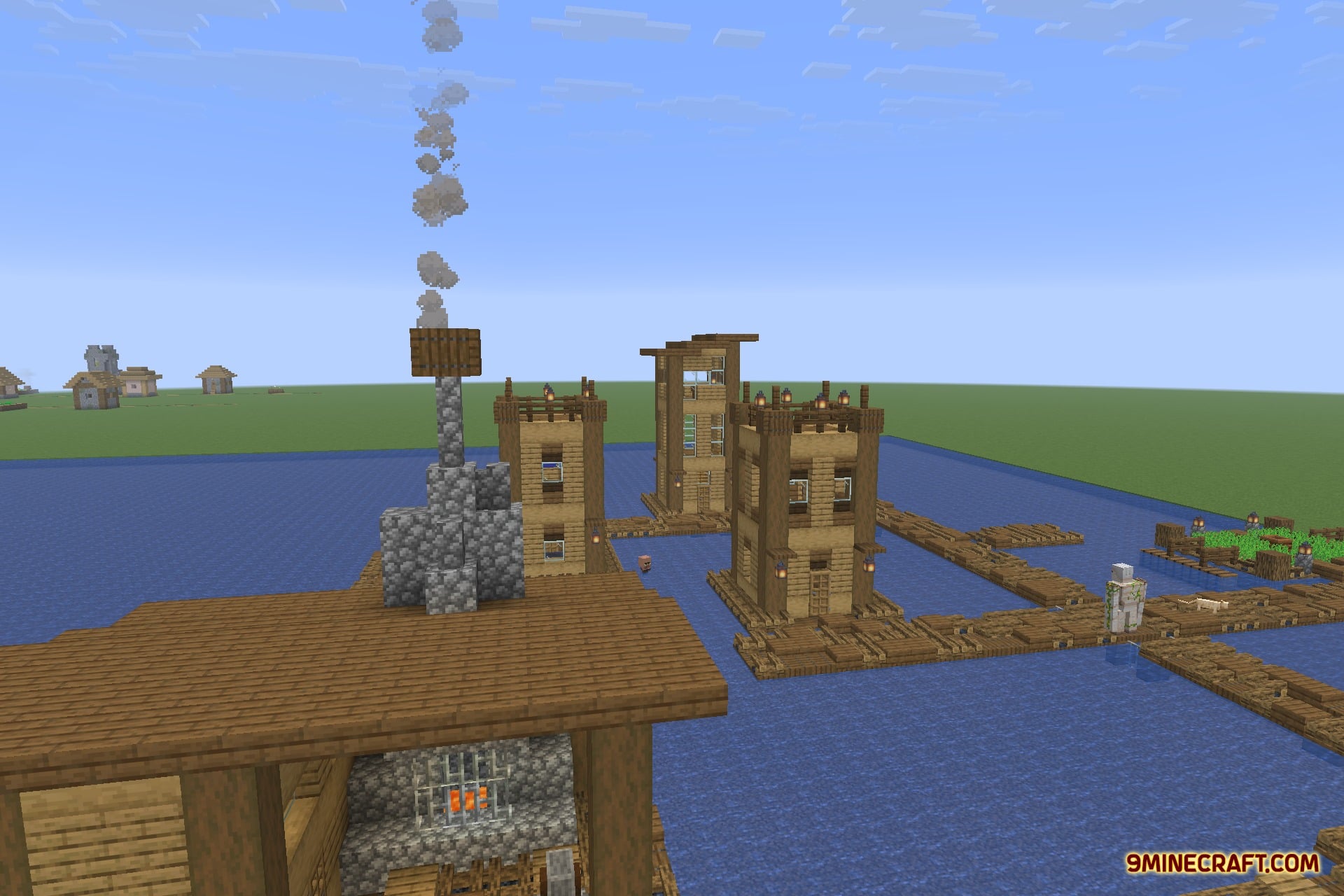 Tidal Towns 9minecraft Mod Screenshot 6 Wooden towers and walkways forming a village on top of the ocean