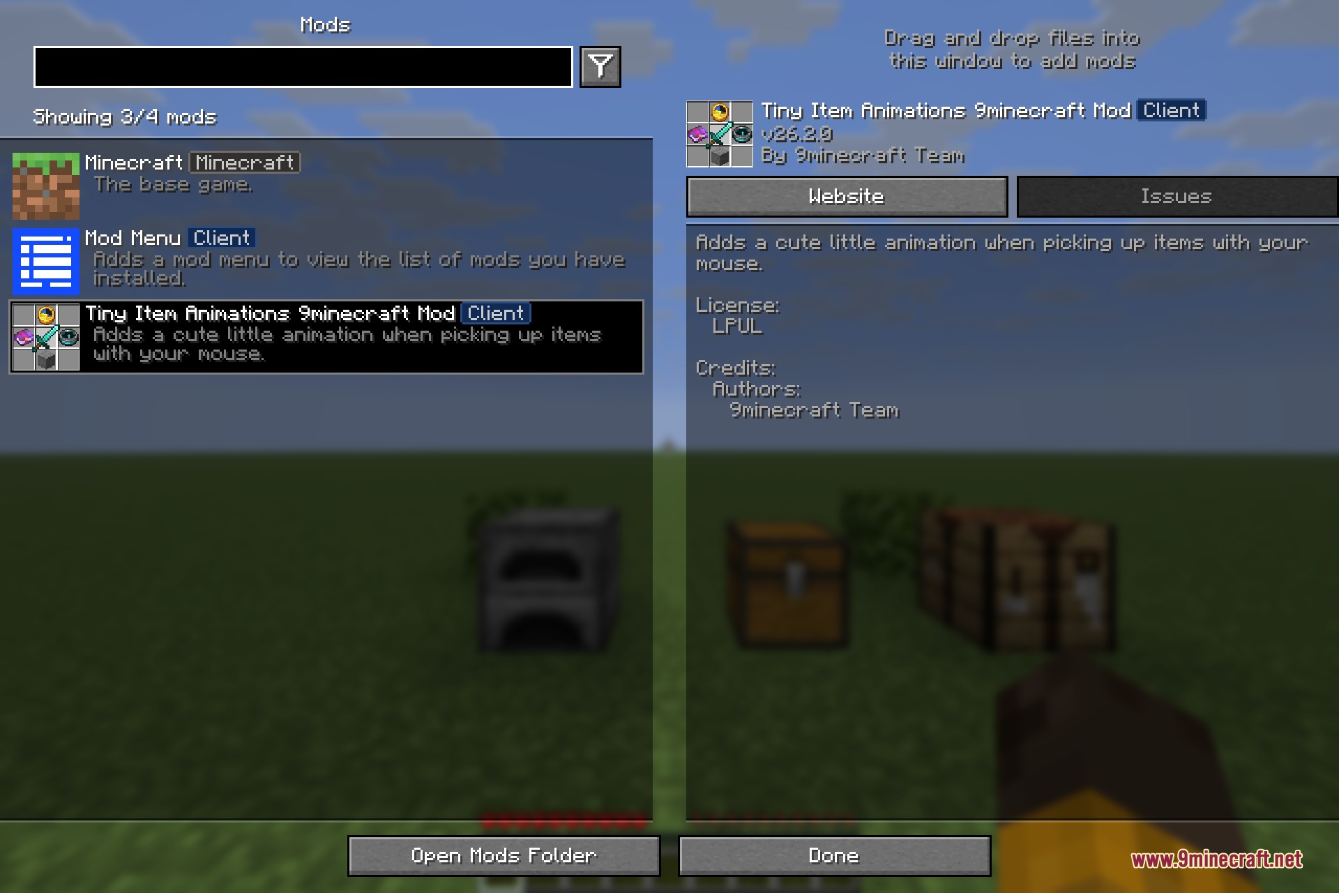 Tiny Item Animations 9minecraft Mod Screenshot 1 Minecraft mod menu screen displaying information about the Tiny Item Animations mod
