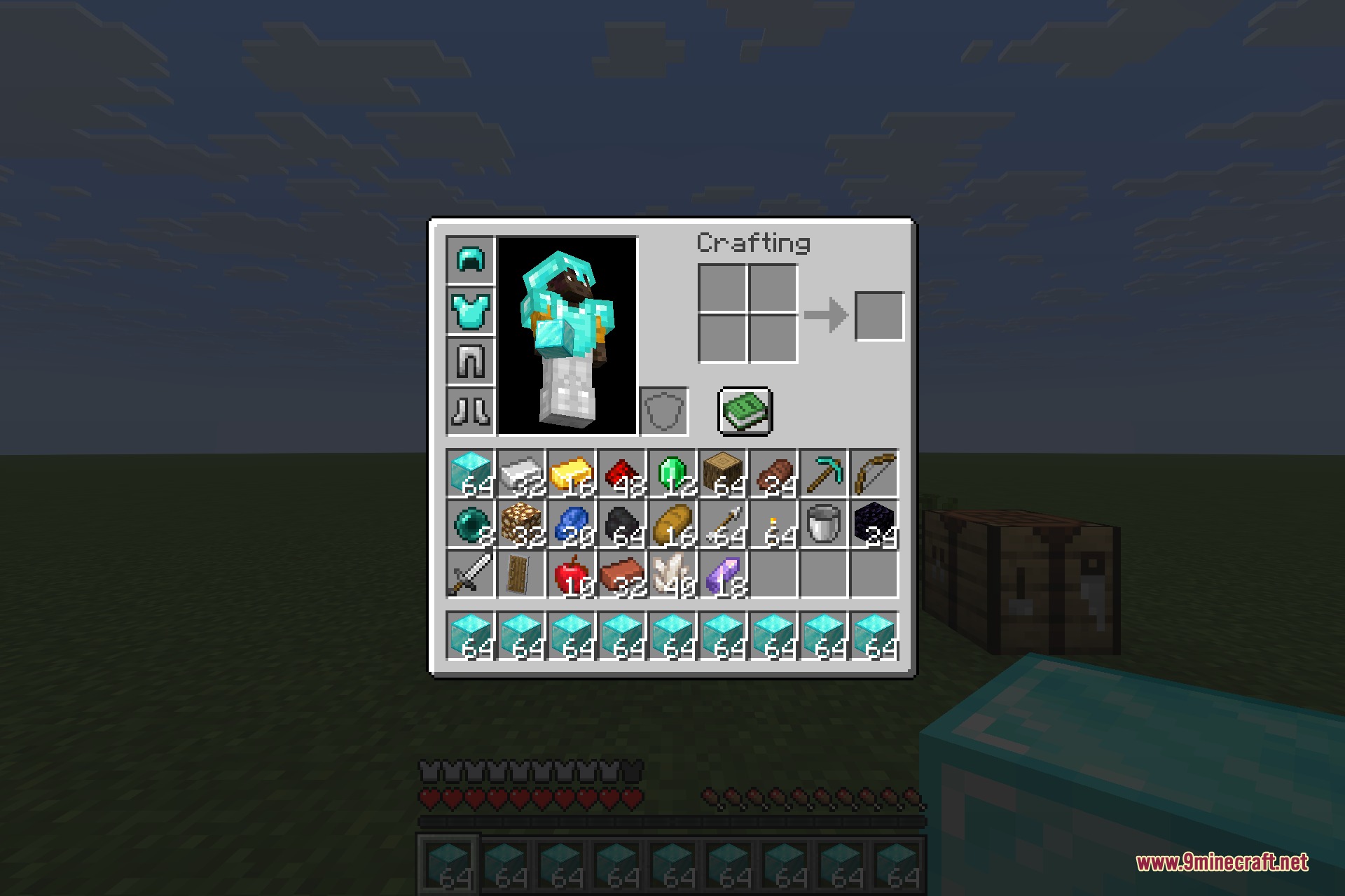 Tiny Item Animations 9minecraft Mod Screenshot 2 Minecraft inventory screen showing a character in diamond armor and many diamond blocks