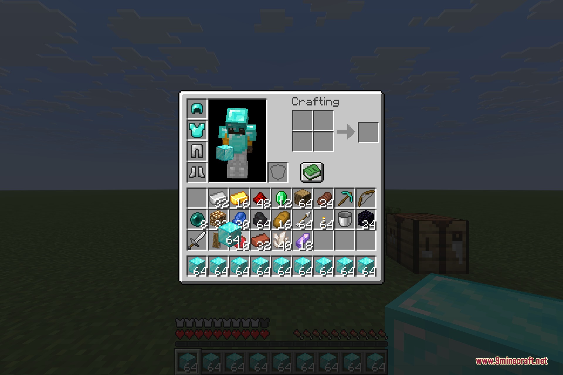 Tiny Item Animations 9minecraft Mod Screenshot 7 Minecraft player inventory screen filled with diamond blocks and various survival resources