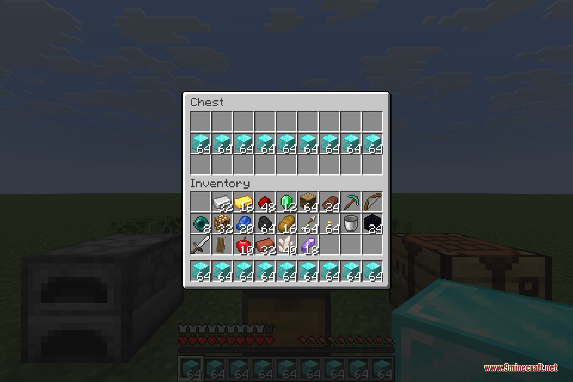 Tiny Item Animations 9minecraft Mod Screenshot 9 A Minecraft chest interface filled with diamond blocks and various inventory items
