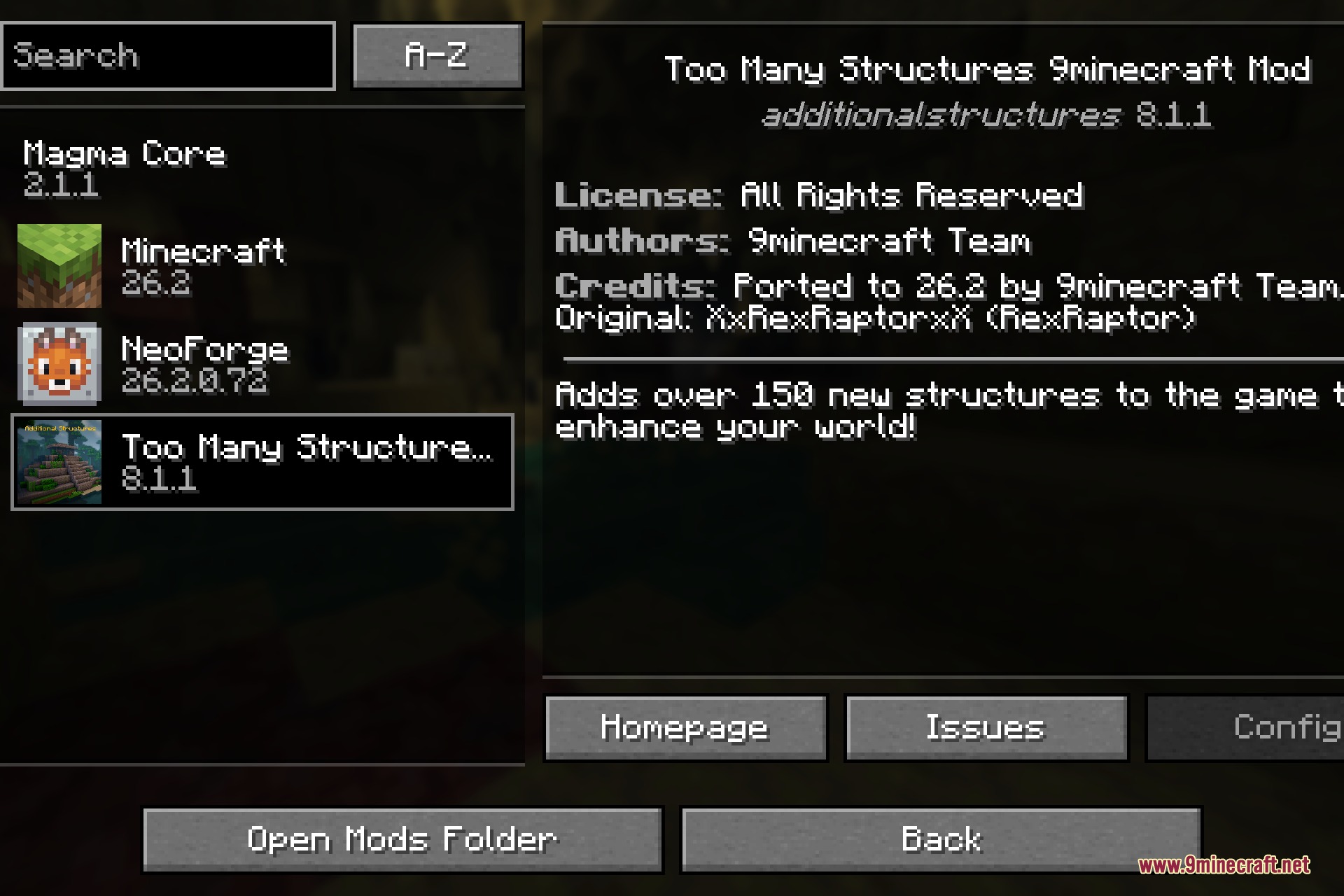Too Many Structures 9minecraft Mod selected in the NeoForge mods list showing the 9minecraft Team credits and homepage link