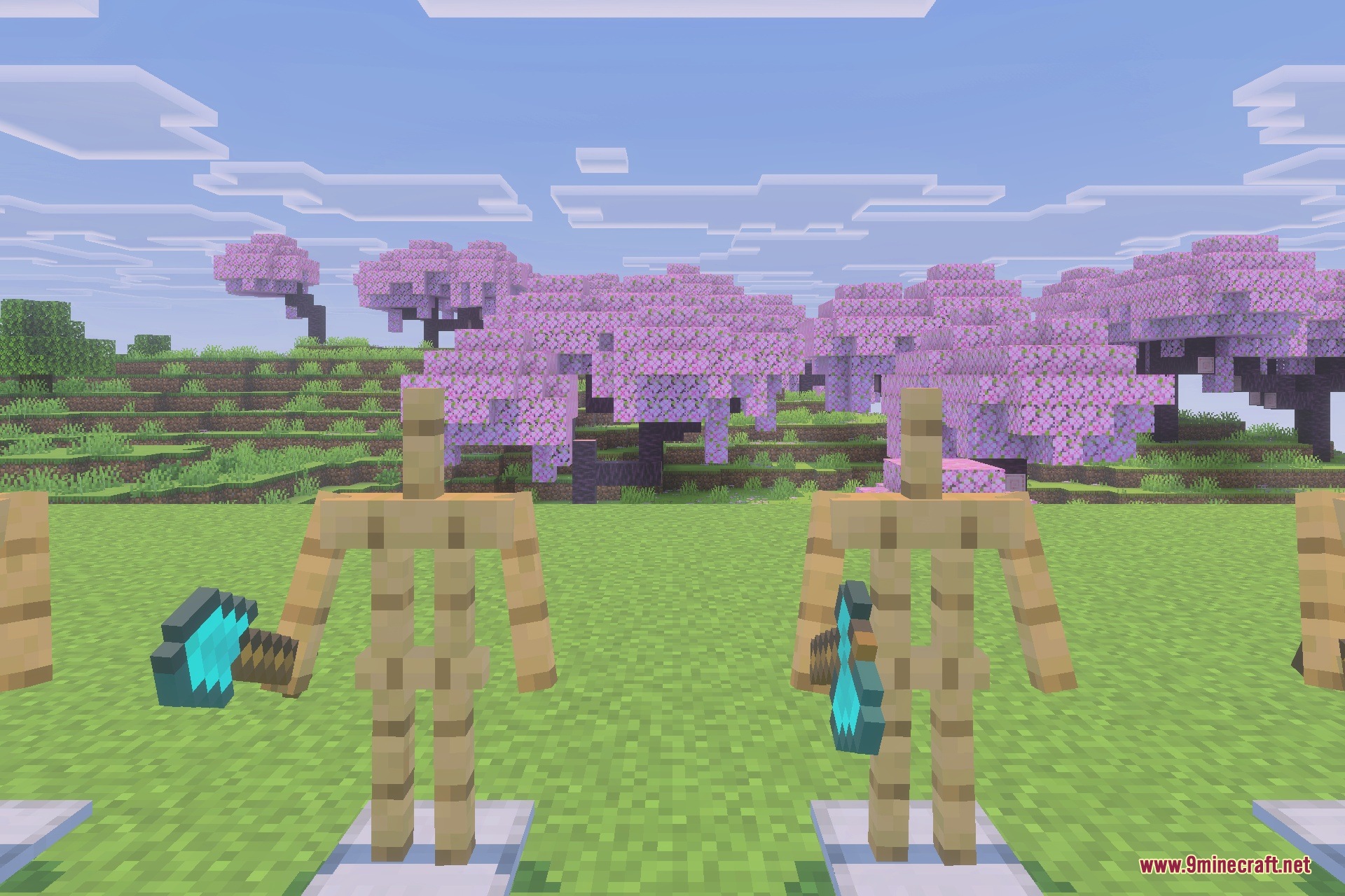 Tools & Potions Reimagined Texture Pack Screenshot 1 Armor stands holding a custom diamond pickaxe and axe near cherry blossom trees