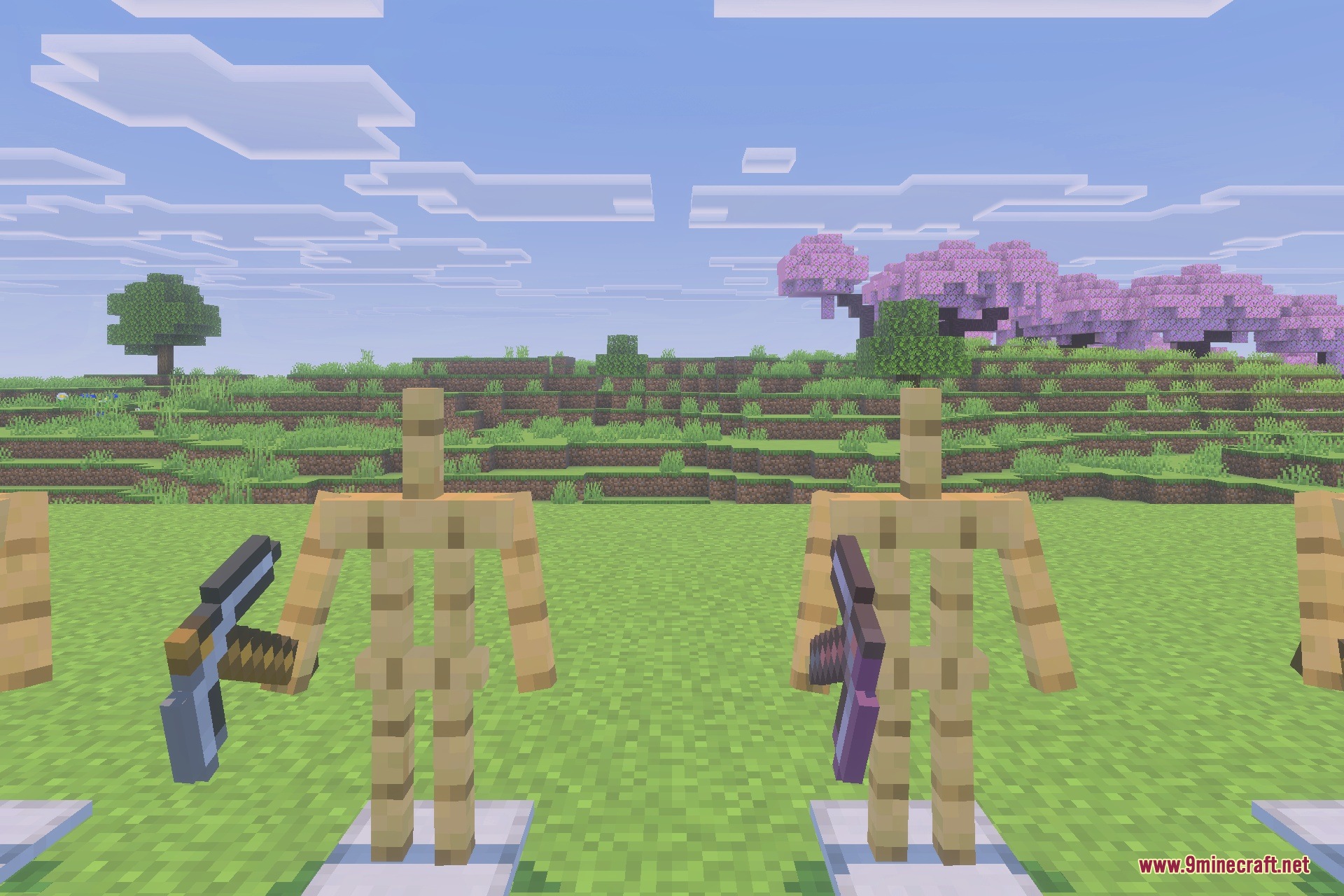 Tools & Potions Reimagined Texture Pack Screenshot 2 Armor stands displaying netherite tools with unique gold and diamond trim designs