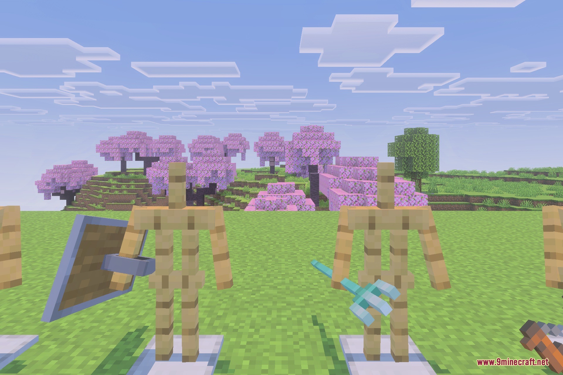Tools & Potions Reimagined Texture Pack Screenshot 4 Armor stands showcasing a shield and trident near pink cherry blossom trees