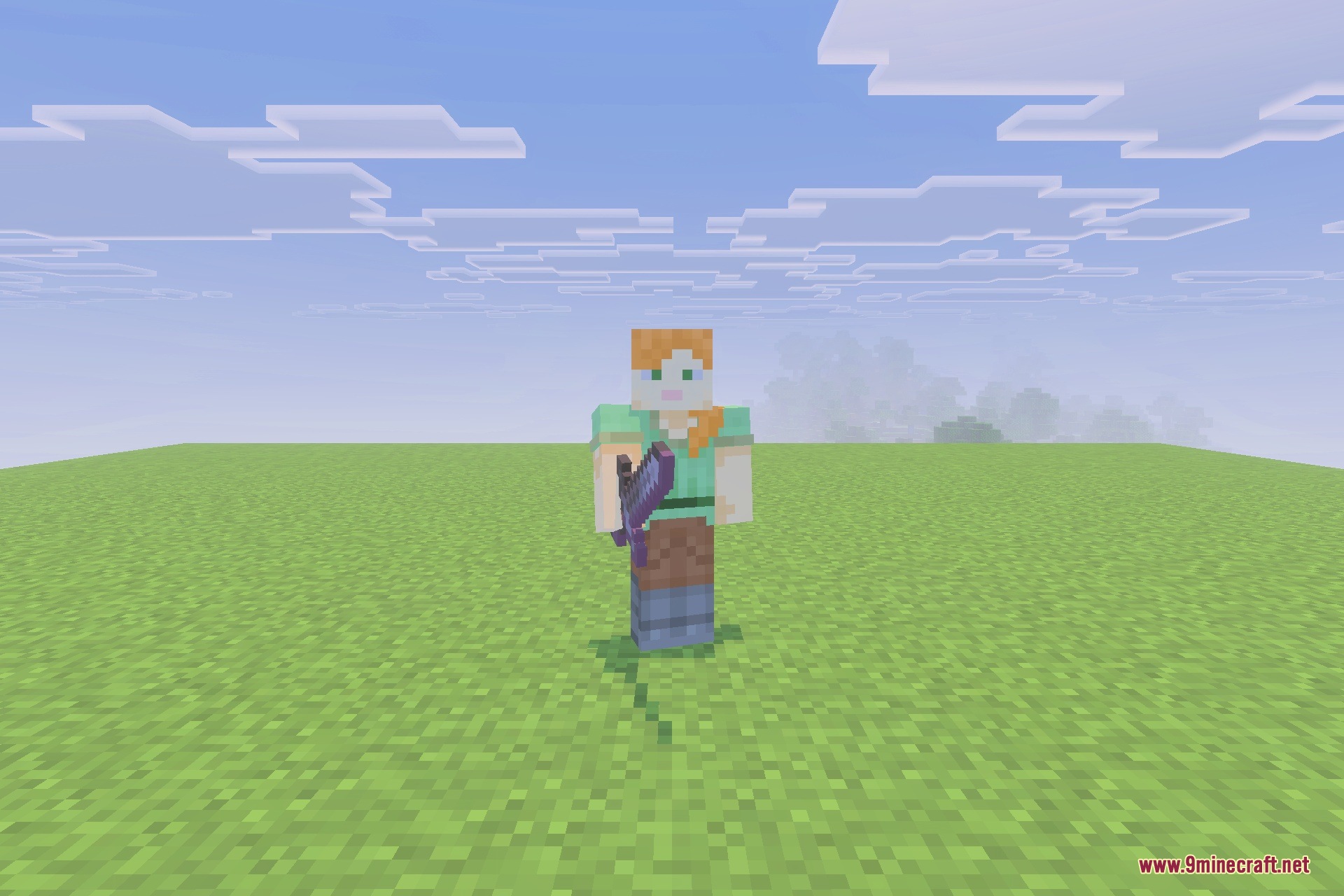 Tools & Potions Reimagined Texture Pack Screenshot 5 Minecraft character holding a reimagined netherite sword with a unique purple texture