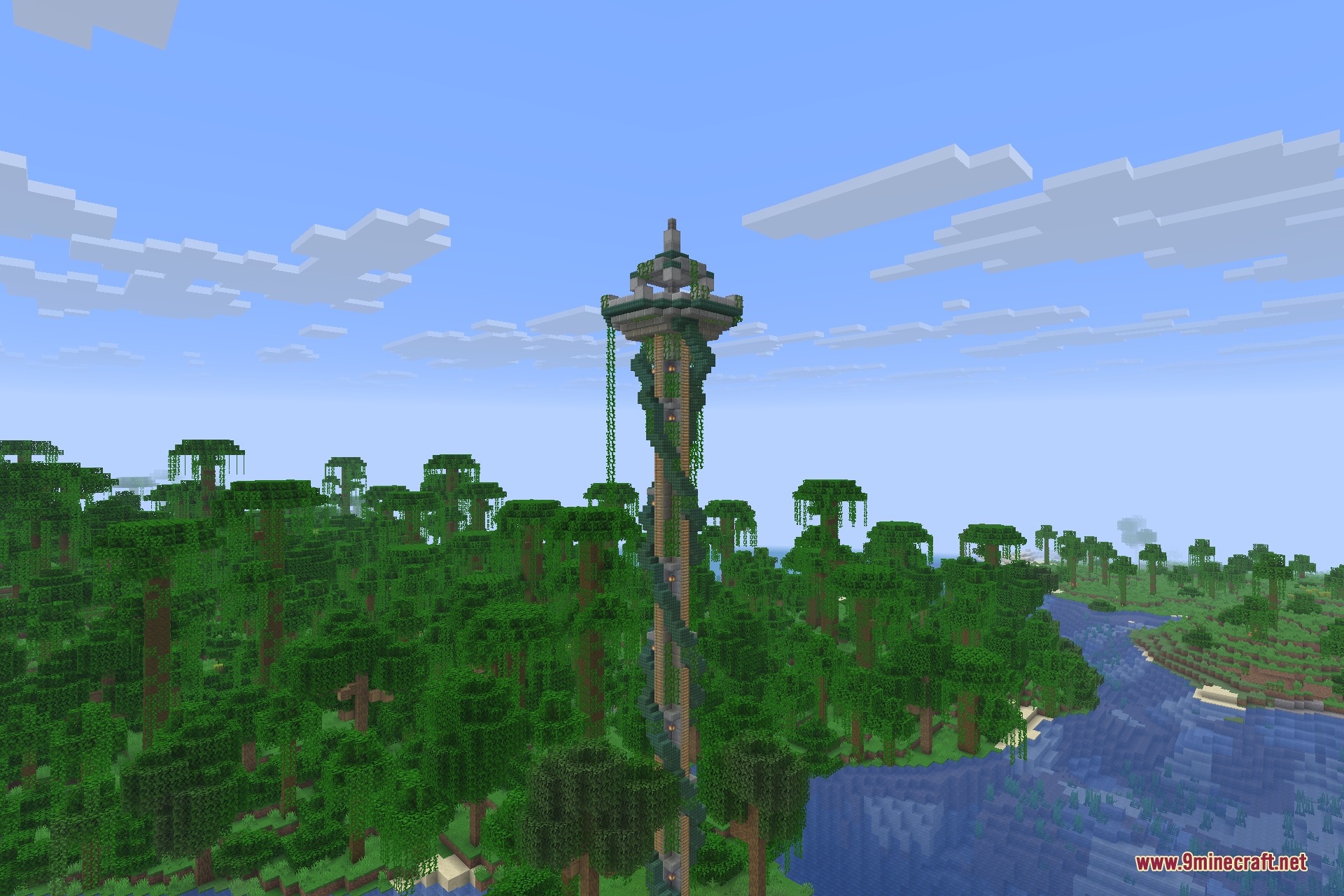 A tower breaking through the jungle canopy