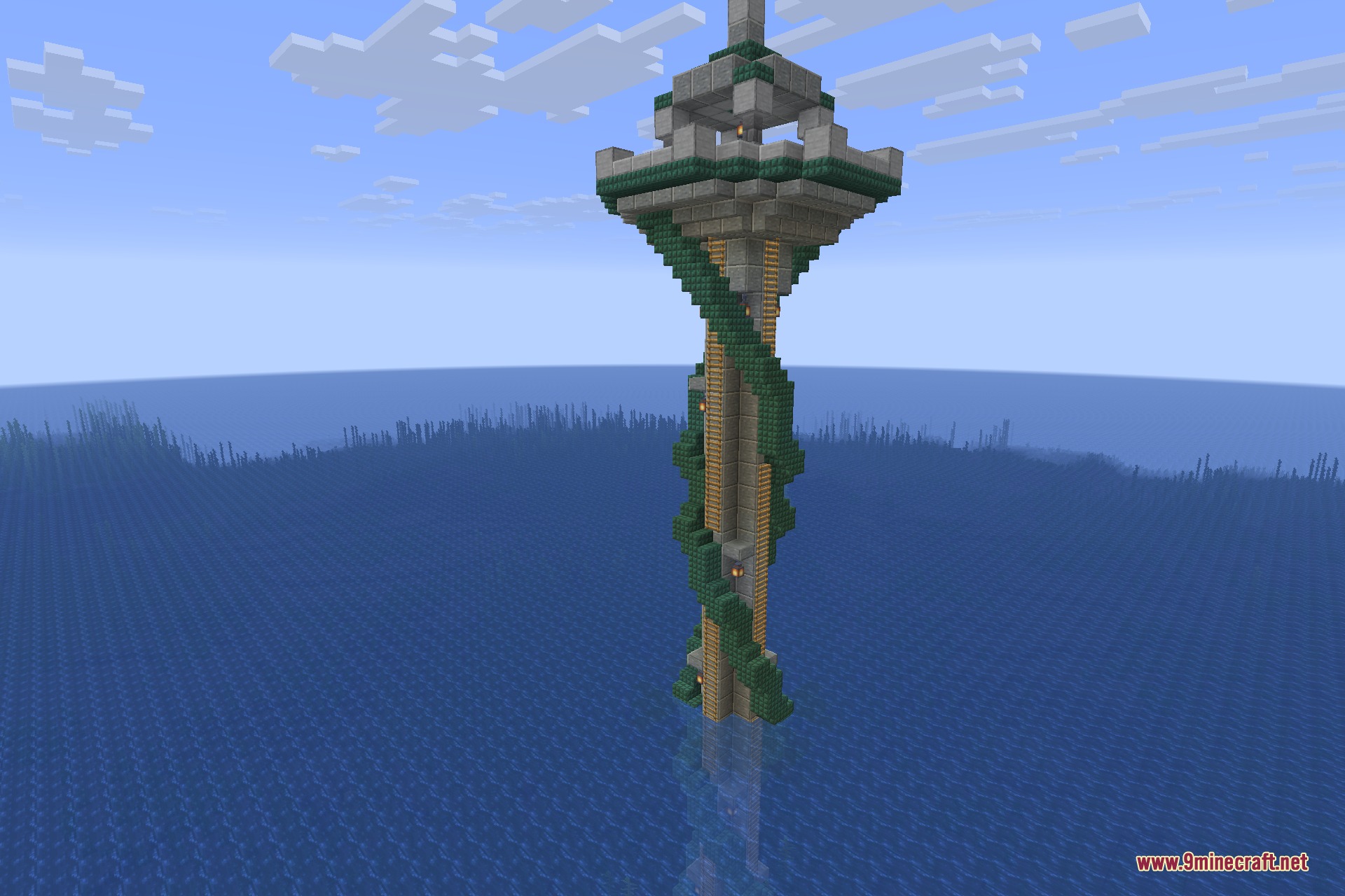 The prismarine ocean tower rising straight out of deep water