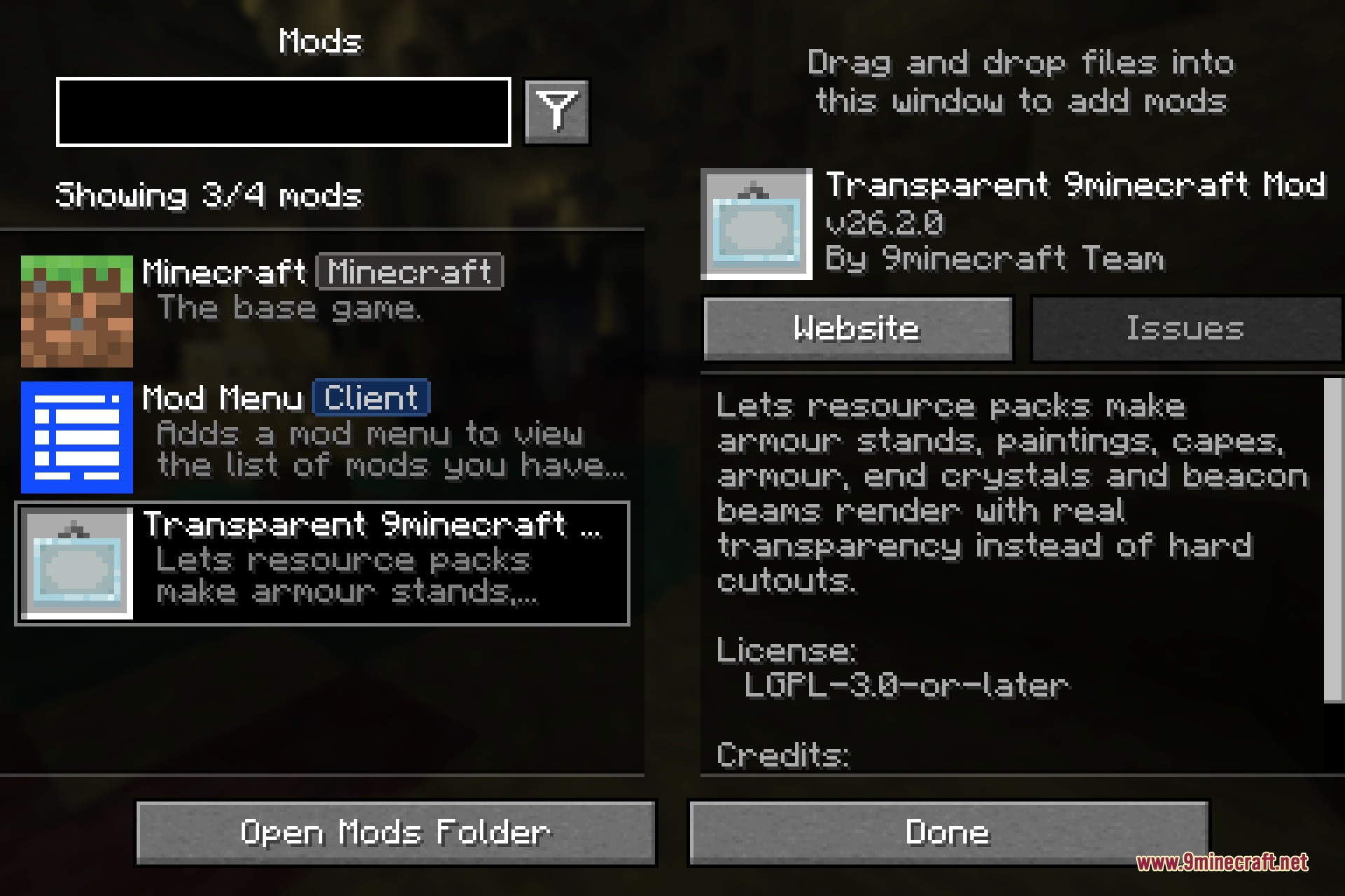 The mod menu screen showing details for the Transparent mod in Minecraft