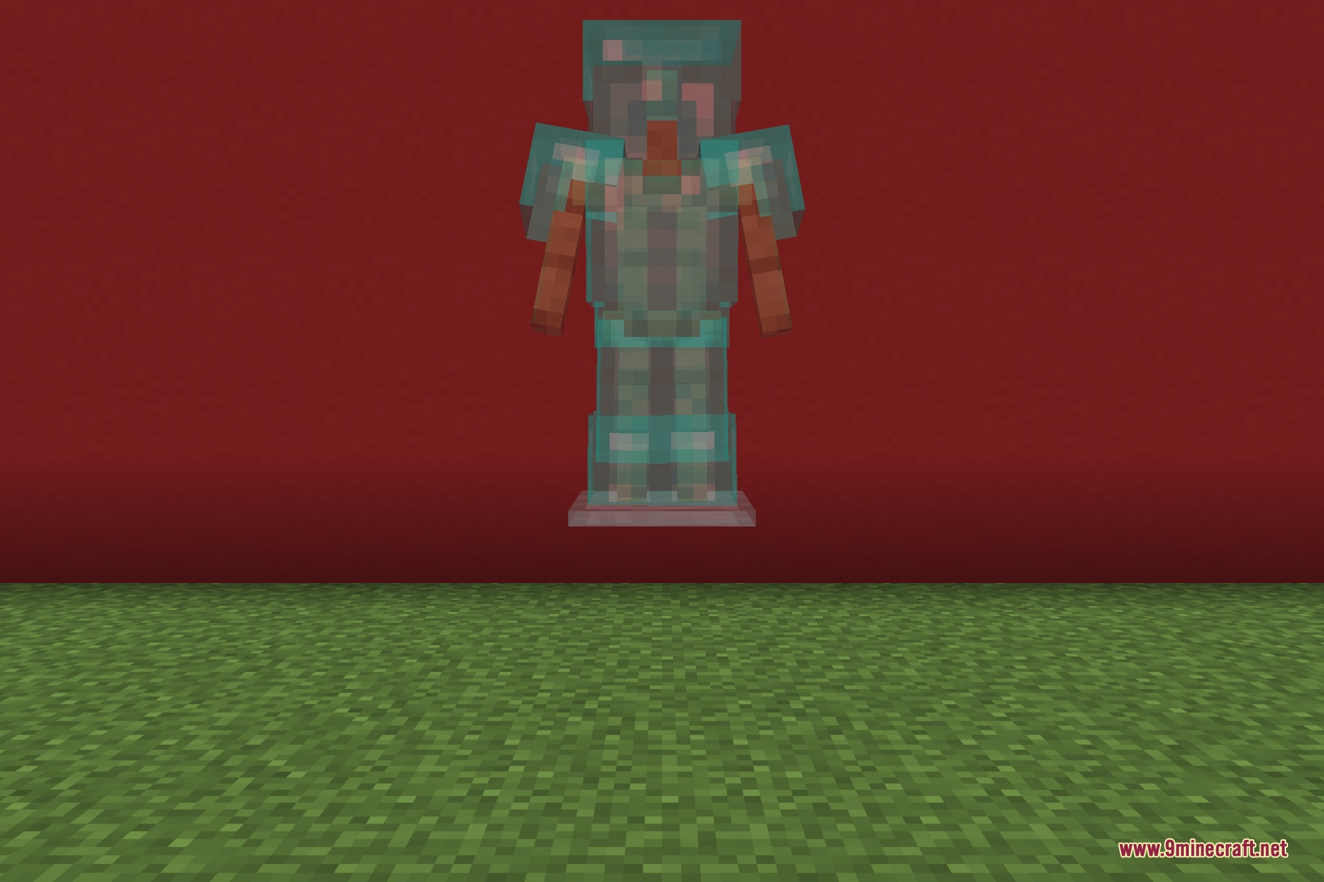 Semi transparent diamond armor on an armor stand against a red background