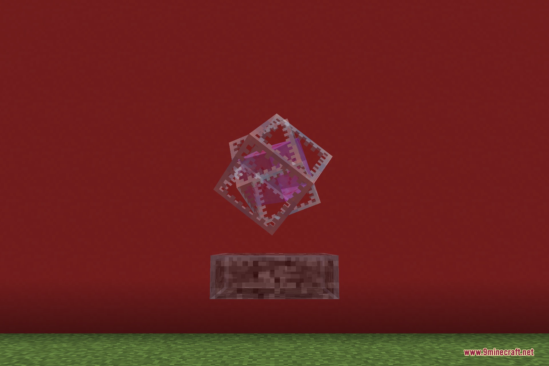 An End Crystal with translucent textures floating above a bedrock block