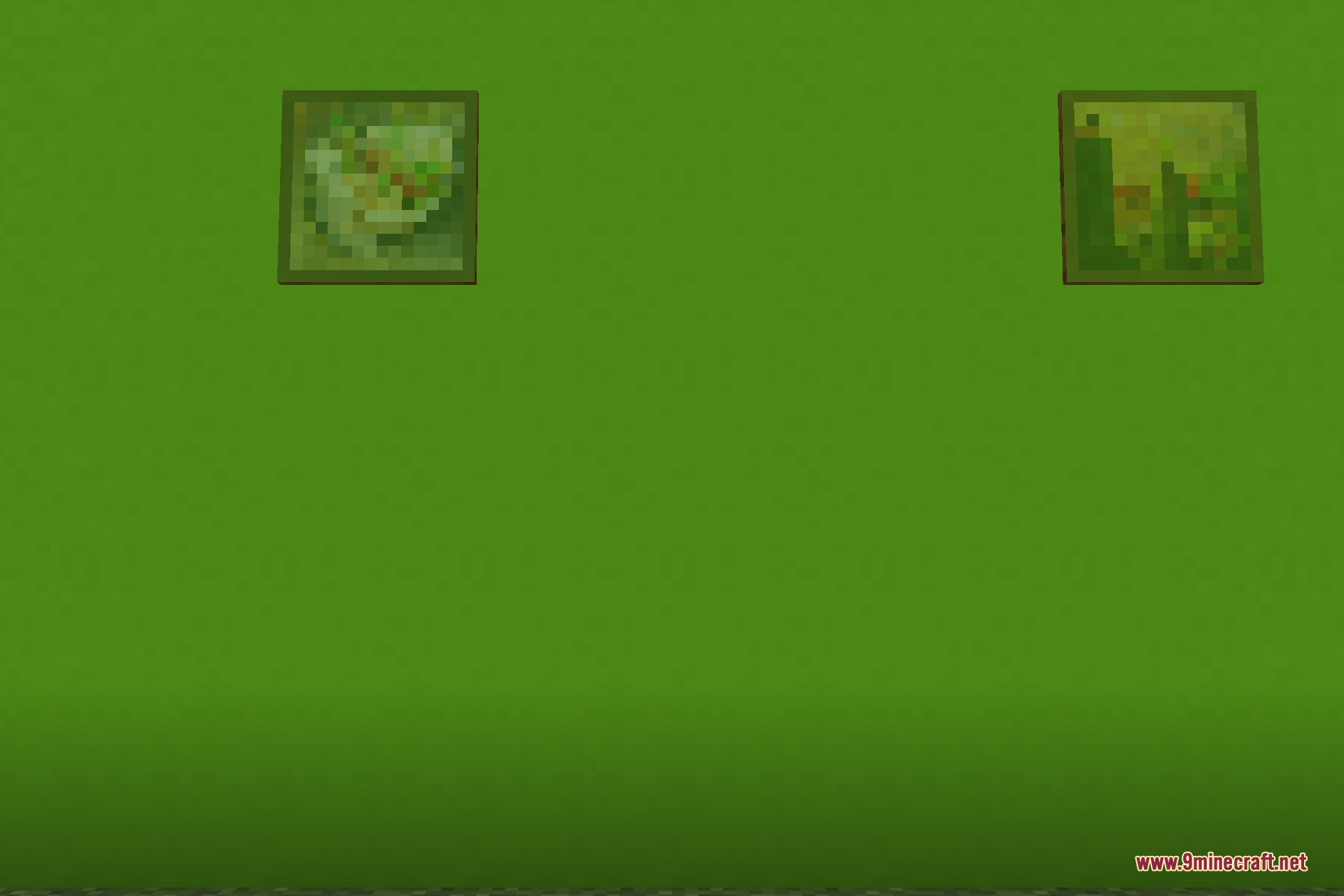 Two translucent paintings hanging on a solid green wall in Minecraft