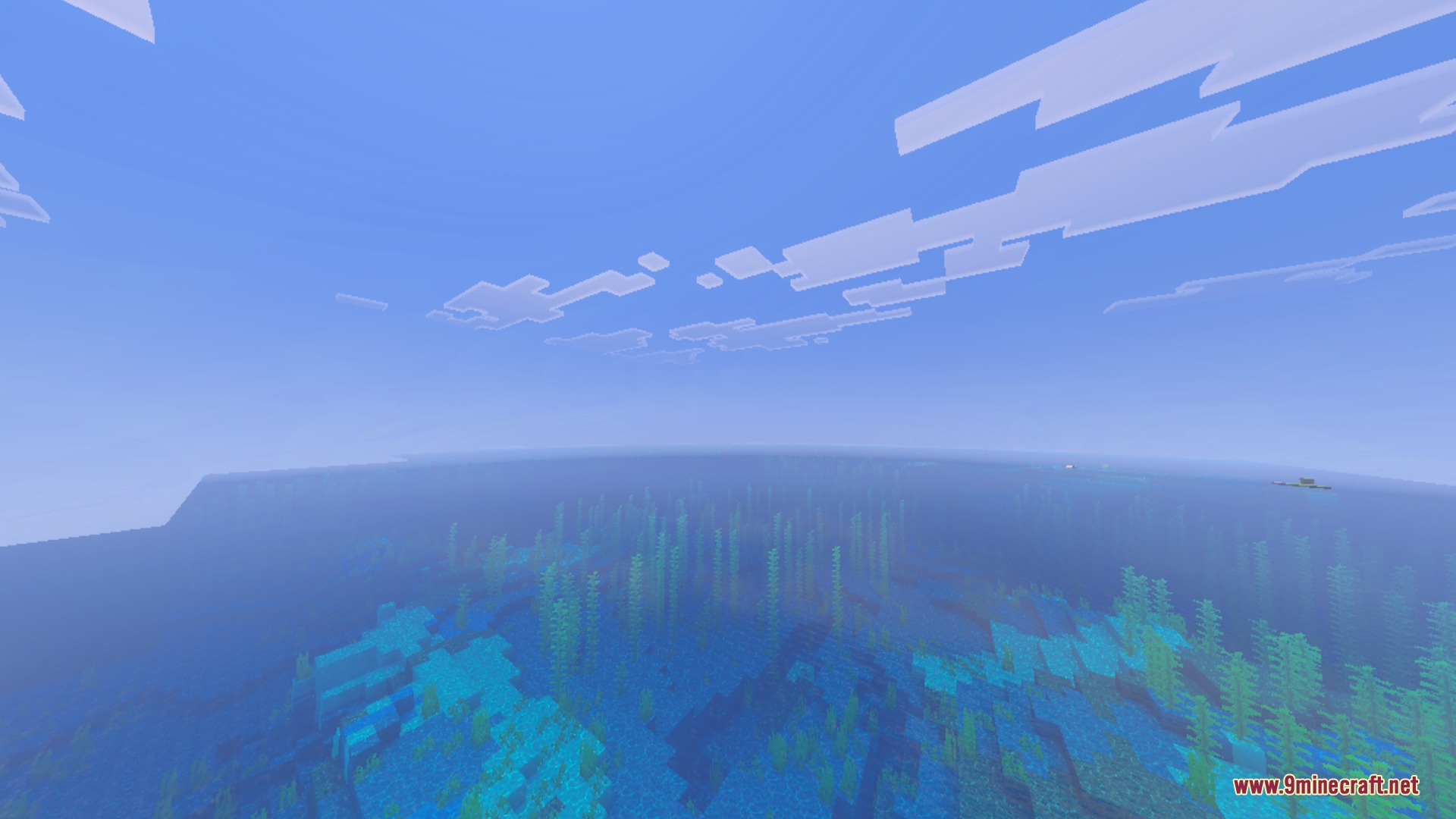 A vast Minecraft ocean with kelp growing under the clear blue sky
