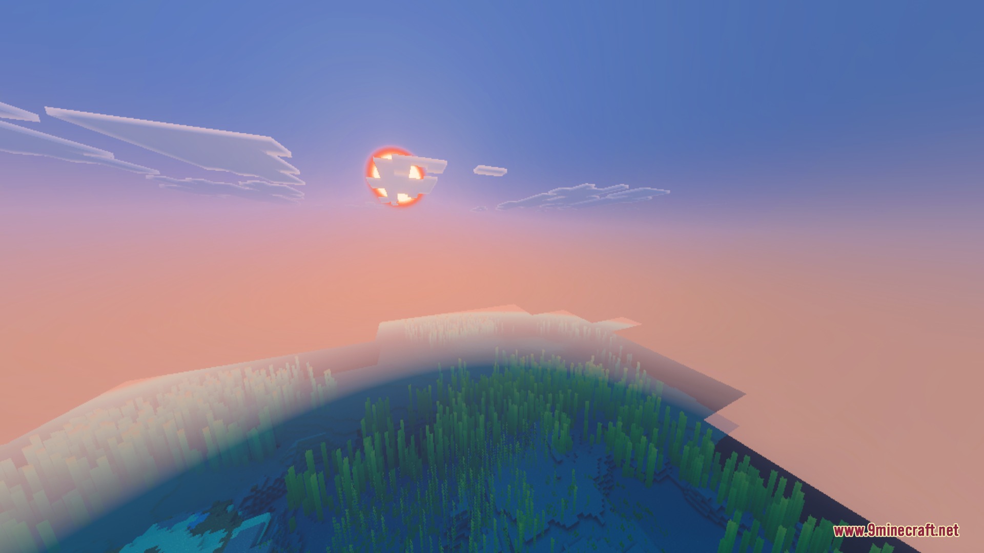Realistic sun setting over a vast ocean with atmospheric fog and kelp