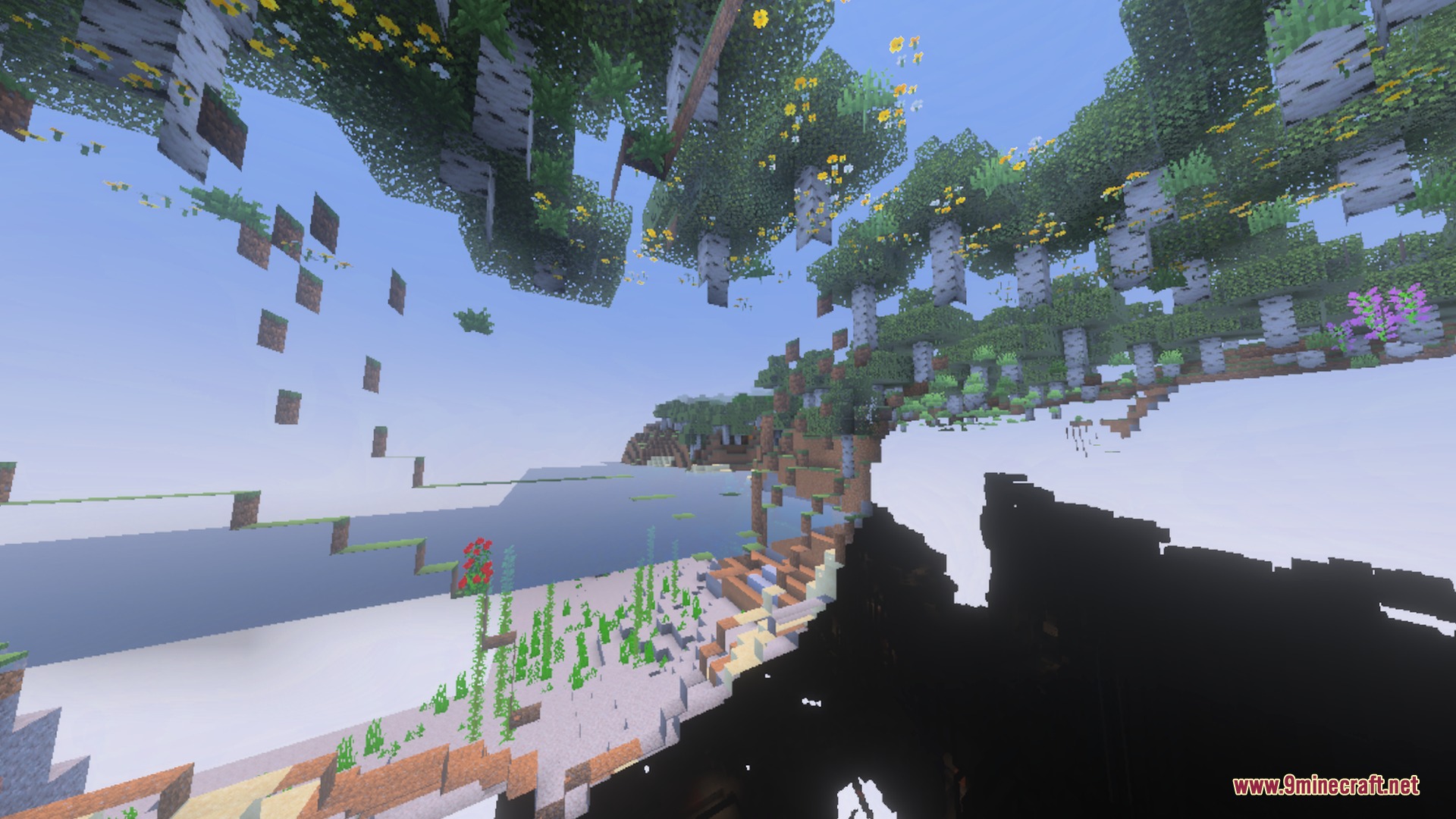 Floating birch islands and flowers overlook a peaceful beach and clear water