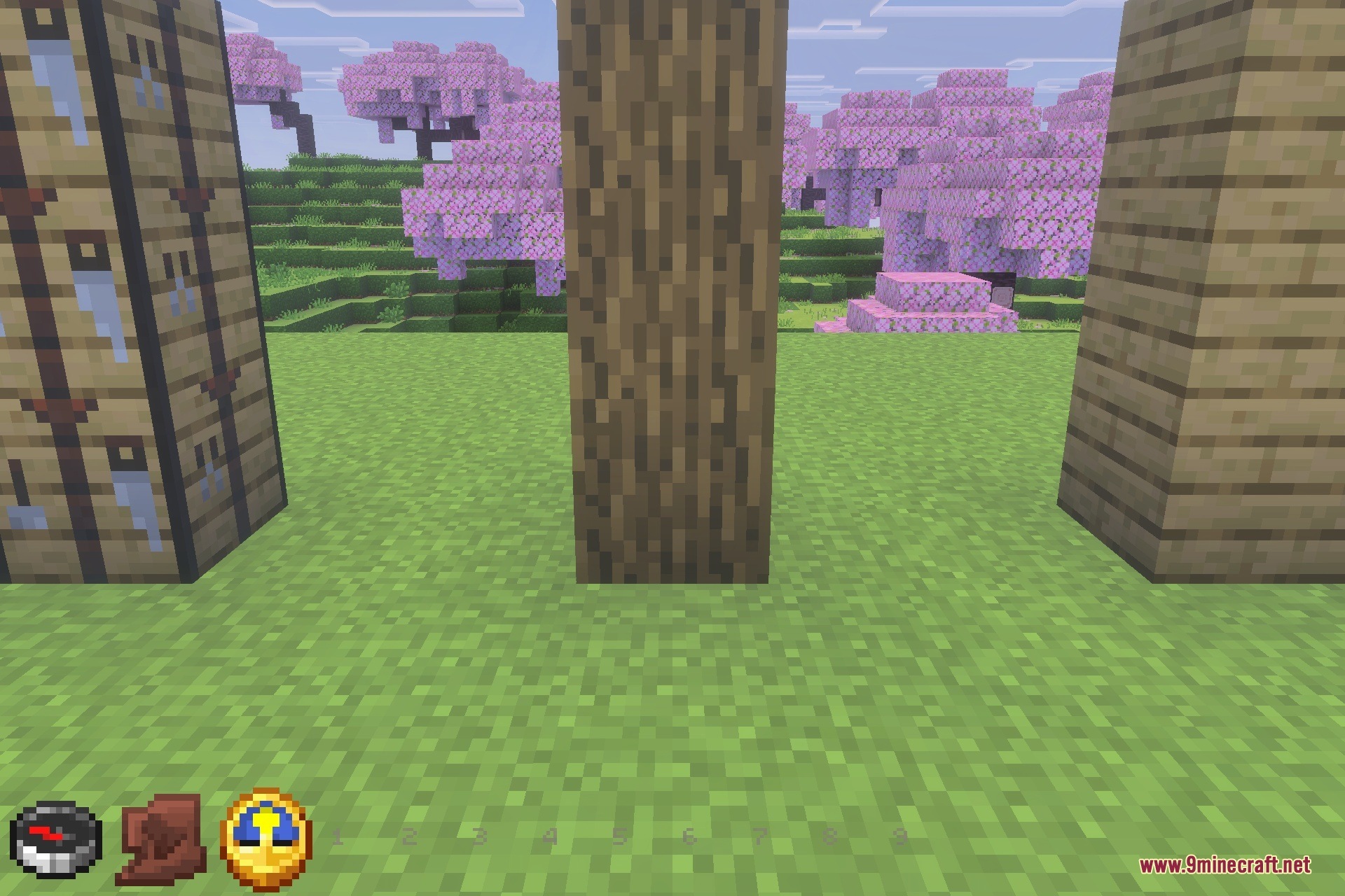 Crafting table and wooden blocks set in a cherry blossom forest