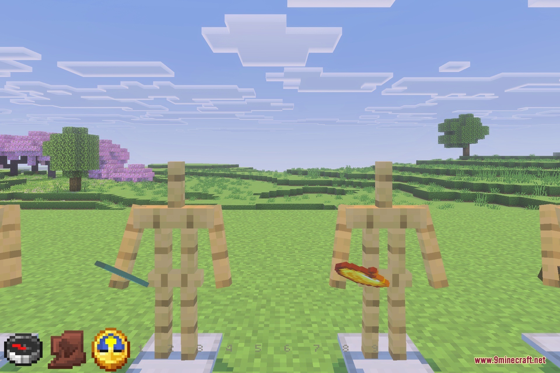 Two armor stands holding items to showcase visual tool indicators in Minecraft
