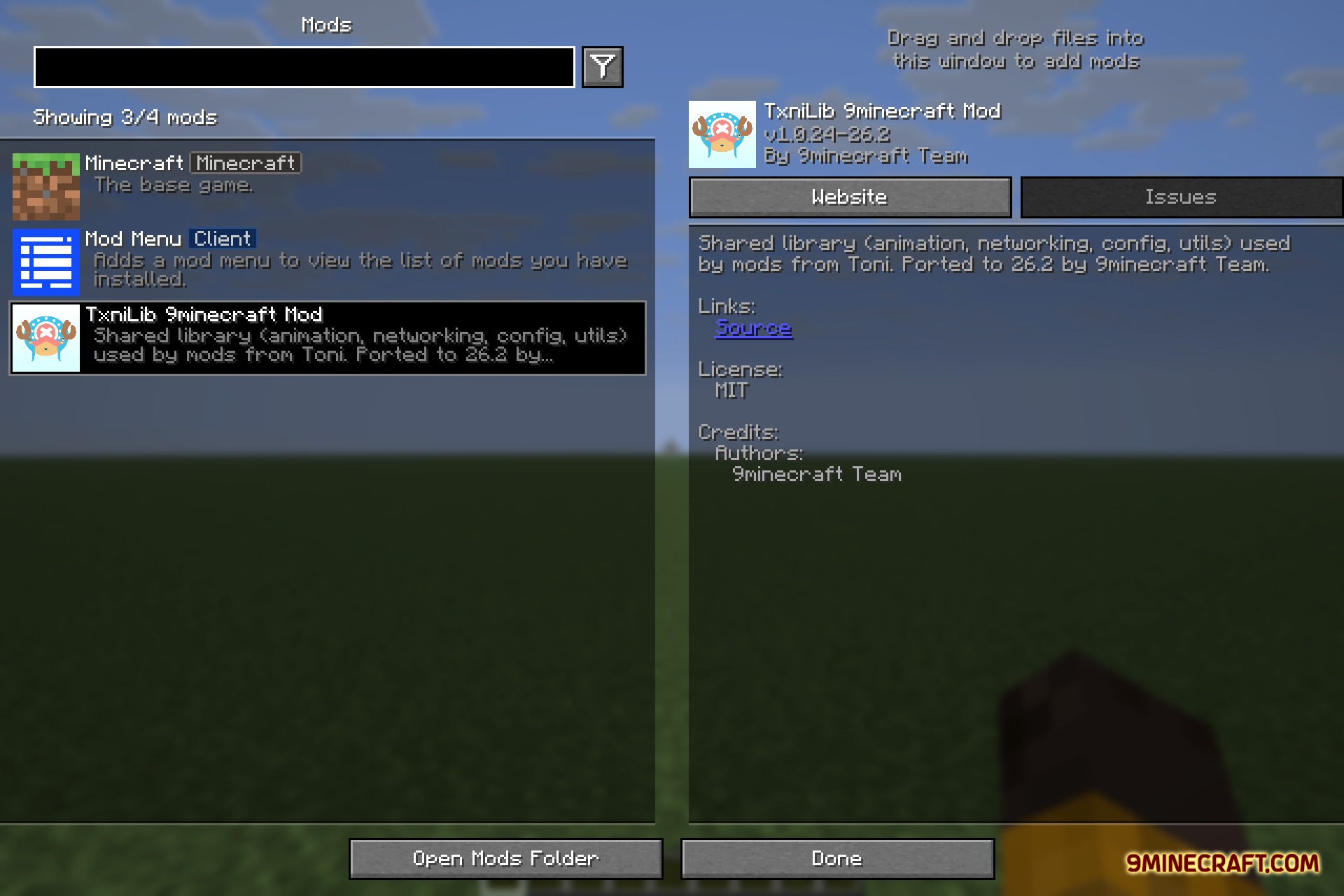 TxniLib 9minecraft Mod Screenshot 1 Minecraft mod menu screen displaying information about the TxniLib shared library mod