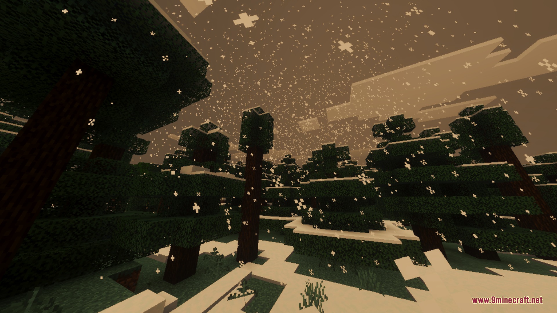 Ultimate Vibrant Visuals Shader Screenshot 10 Atmospheric snowy forest at night with warm lighting and falling snow particles