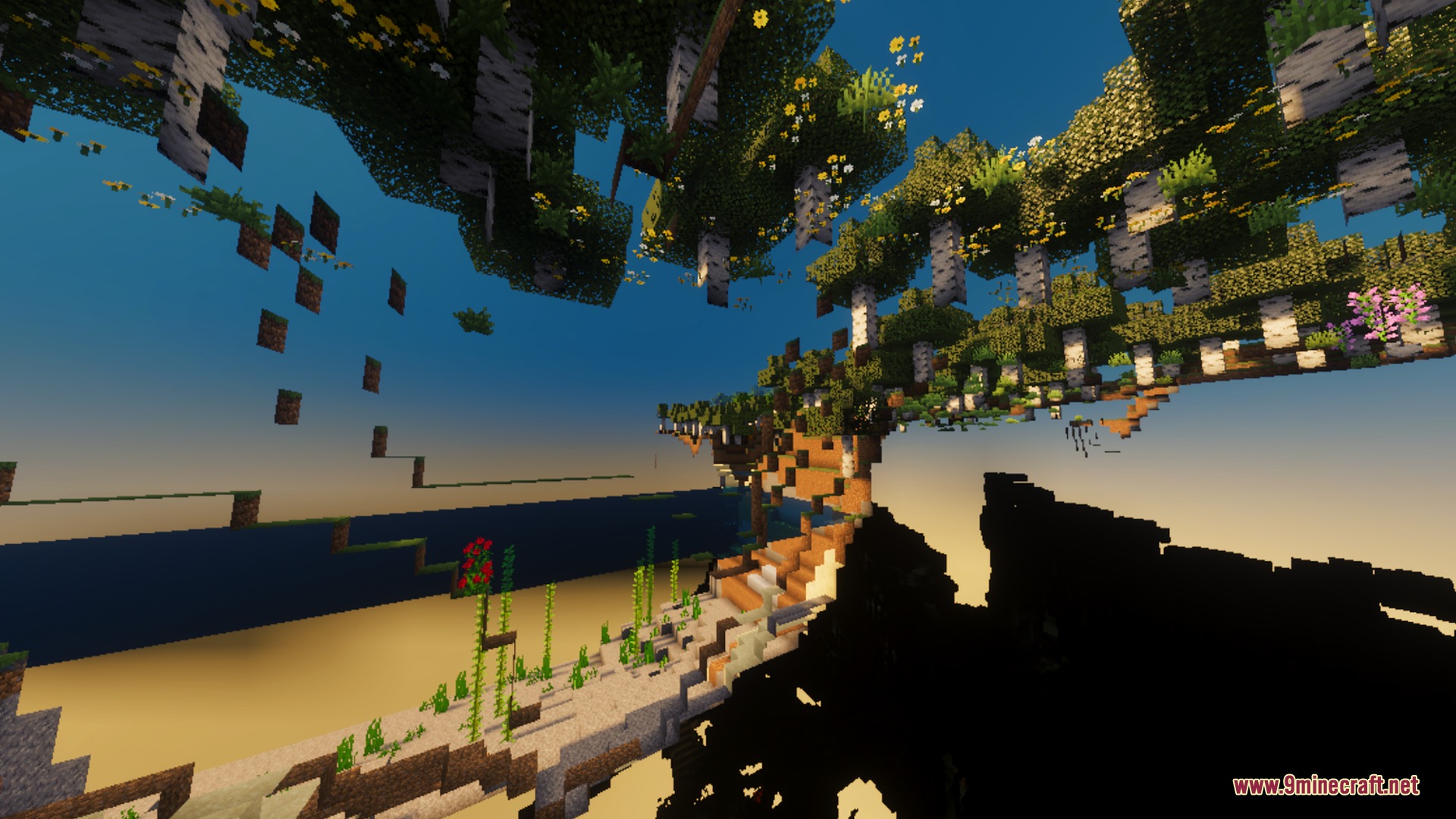 Ultimate Vibrant Visuals Shader Screenshot 4 Floating birch trees and flowers viewed from below against a clear blue sky
