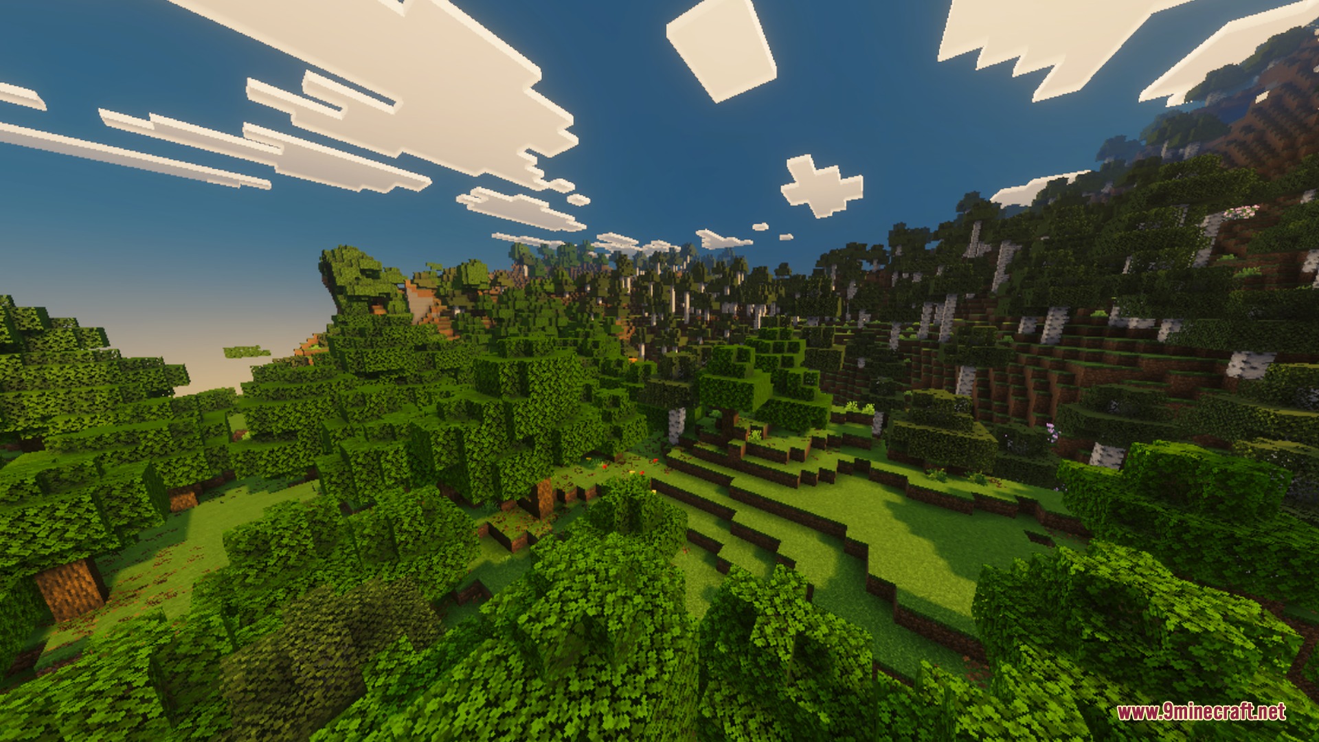 Ultimate Vibrant Visuals Shader Screenshot 7 Lush green forest landscape under warm golden sunlight and a bright blue sky
