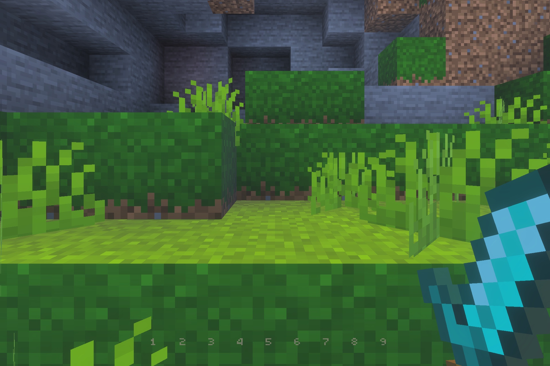 UltimatePvP Overlay Texture Pack Screenshot 3 Player holding a shrunken diamond sword for better visibility in a grassy area