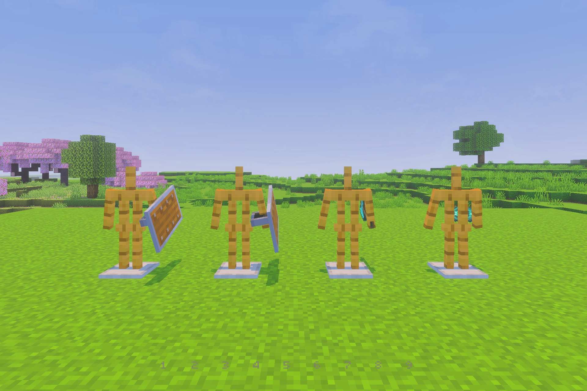 UltimatePvP Overlay Texture Pack Screenshot 4 Armor stands displaying shrunken items from the UltimatePvP Overlay on a grass field