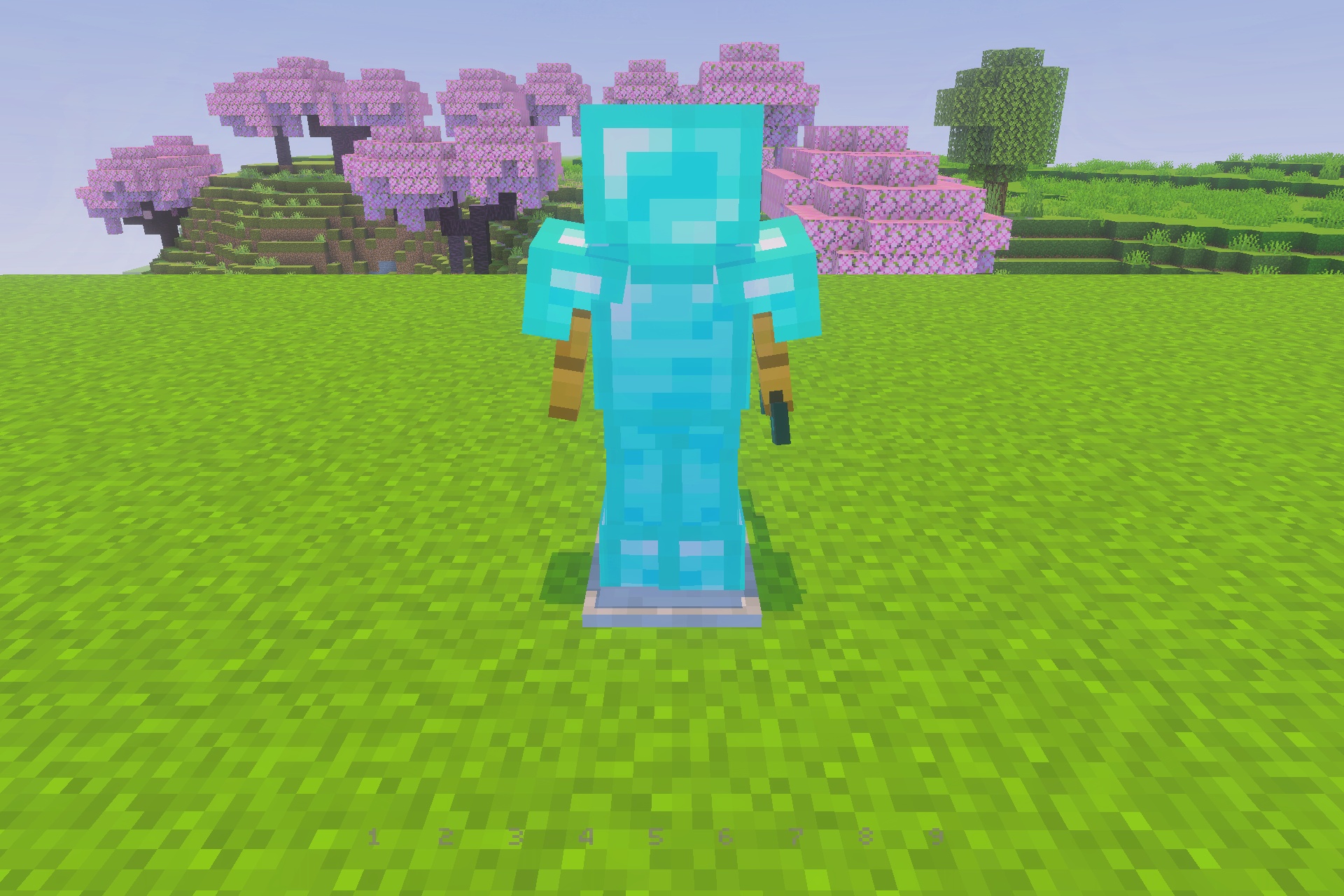 UltimatePvP Overlay Texture Pack Screenshot 5 Full diamond armor displayed on an armor stand in a cherry blossom forest