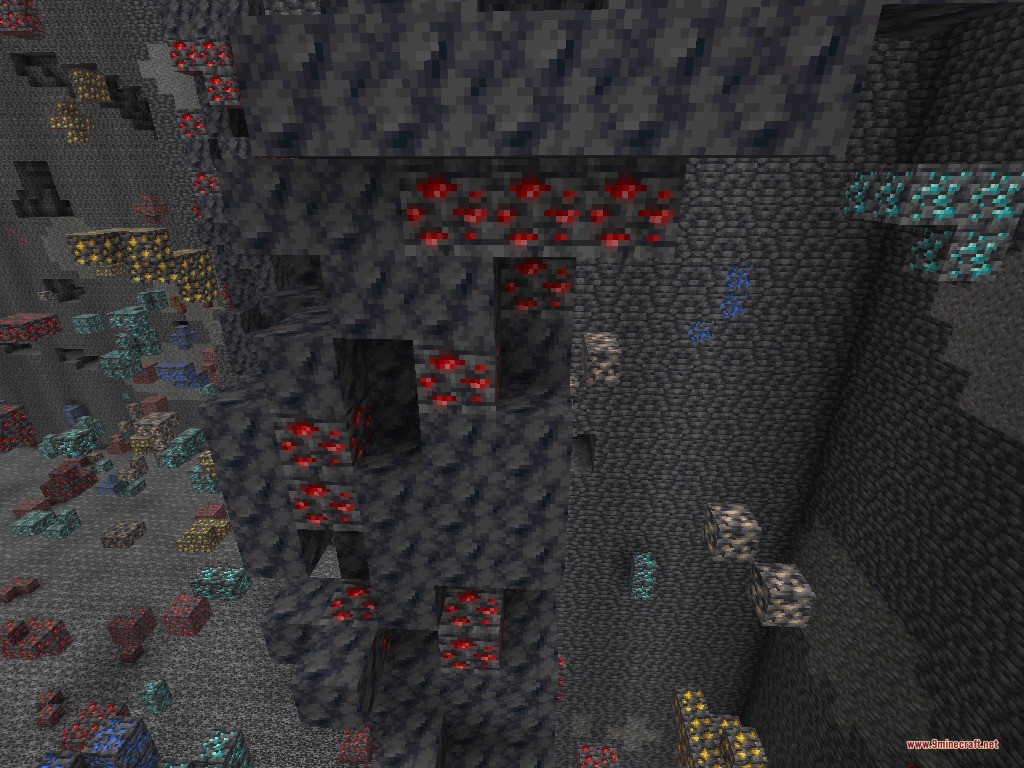 Universal Bedrock Deposits Data Pack Screenshot 2 Massive underground ore deposits including redstone and diamond veins in a cross section